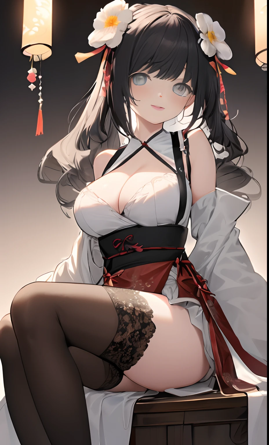 (:1.5),Lace,ribbon,Hanfu,(Masterpiece, side-lighting, Beautiful gray eyes，The details are meticulous: 1.2), Masterpiece, Realistic, Glowing eyes,Shiny hair,Black hair,long whitr hair, Glossy glossy skin, Solo, embarressed,No shoulder strap,Exquisite,prettify,sonoko,Flowers,flying petal,Lace，pantiess，Suspender stockings，camisole，exposed bare shoulders，lacepantyhose，sexyposture，M legs， your ass，Cocked buttocks，leg wide open，cleavage，huge tit，slimfigure