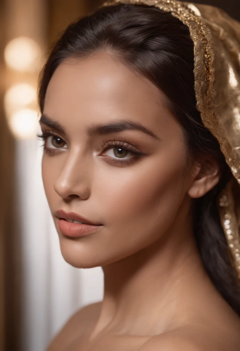 dark brown skin, beau visage, veiled , African tribal theme, Bijoux en or, ((Yeux noisette cristallins:1.2)), detailled eyes, beaux yeux, ((Masterpiece, UHD, 4k)), profondeur de champ, in a cafe, clivage, gros seins, Concentrez-vous sur les yeux clair, detailed skin, texture de la peau, sexy shoulders, golden brown tan, Highly detailed skin, Cils longs, Mascara noir, visage parfait, robe longue, profil de face