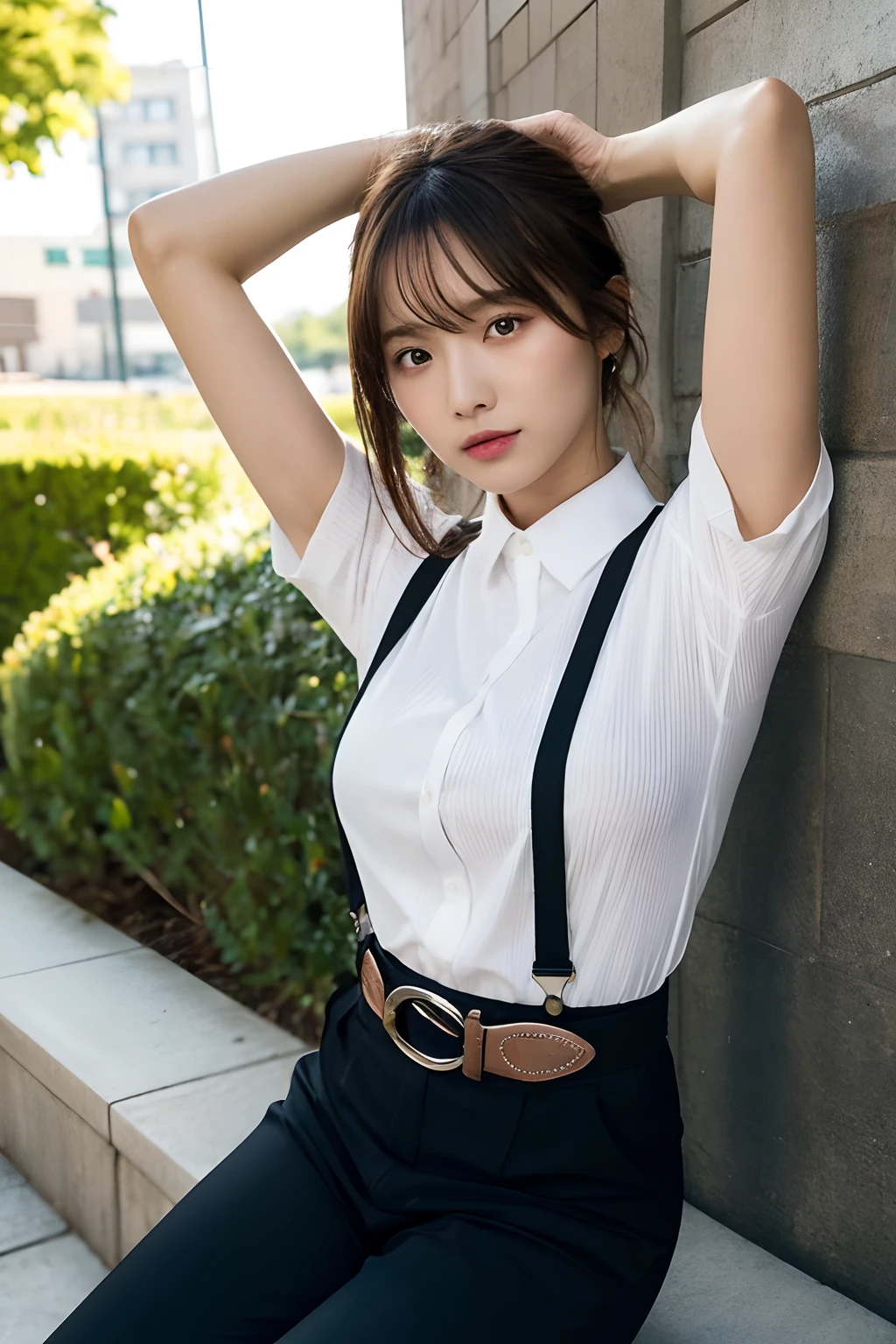 ​masterpiece、top-quality、The ultra -The high-definition、、colourfull、flat-colors、depth of fields、lens flare 1 girl、、Brown hair、watching at viewers　　　Suit Cutter Shirt　a belt　black suspenders　Social OL　　　ample bosom　　　 Face sitting
Waiting to start　 Armpit sweat　perspiring　Side of both hands　huge-breasted　Wall: Black suit　Black pants