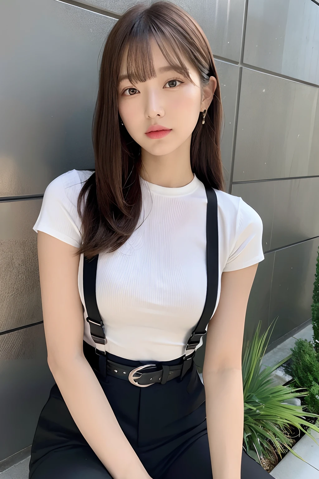 ​masterpiece、top-quality、The ultra -The high-definition、、colourfull、flat-colors、depth of fields、lens flare 1 girl、、Brown hair、watching at viewers　　　Suit Cutter Shirt　a belt　black suspenders　Social OL　　　ample bosom　　　 Face sitting
Waiting to start　 Armpit sweat　perspiring　Side of both hands　huge-breasted　Wall: Black suit　Black pants