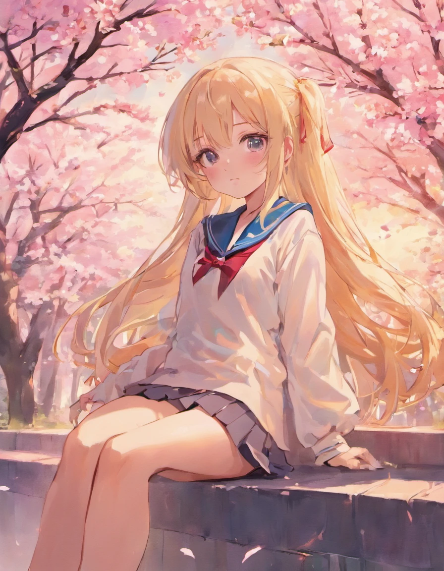 The beautiful girl wearing a school uniform, , has long silver hair, beautiful eyebrows, red pupils, her body parts are very ideal and sexy, her breasts is big,her thighs are also chubby, her face has a sweet smile, her position is sitting on the terrace of the house overlooking the cherry blossoms on the terrace, and with polite sitting posture