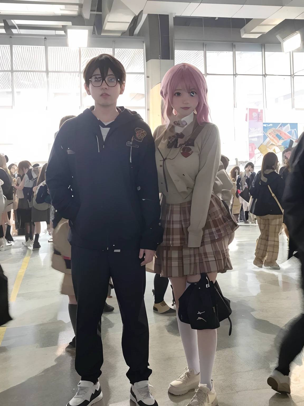 They were standing in a large room with a lot of people, Anime cosplay, rpgmaker, cosplay, there were eight anime people, anime convention, cosplay foto, Anime girl cosplay, medium shot of two characters, with two characters, DDLC, taken with canon 8 0 d, hot topic anime convention, full-cosplay, full body with costume, with pink hair