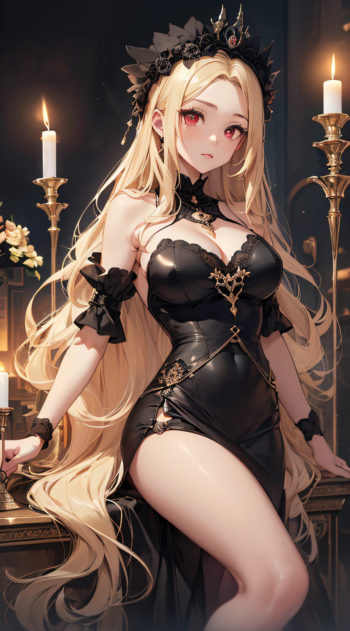 top-quality、Top image quality、​masterpiece、girl with((Beautiful fece、20yr old、Best Bust、big bast、Bust 85,Red eyes to issue、Breasts wide open,Valley、Blonde long hair、A slender、Disheveled black Y-shirt、a black skirt、Black spats、Large valleys)）hiquality、Beautiful Art、Background with((darkened room、candle)),Depth((Numerous monitors))masutepiece、Elaborate design、visualart、depth of fields、
