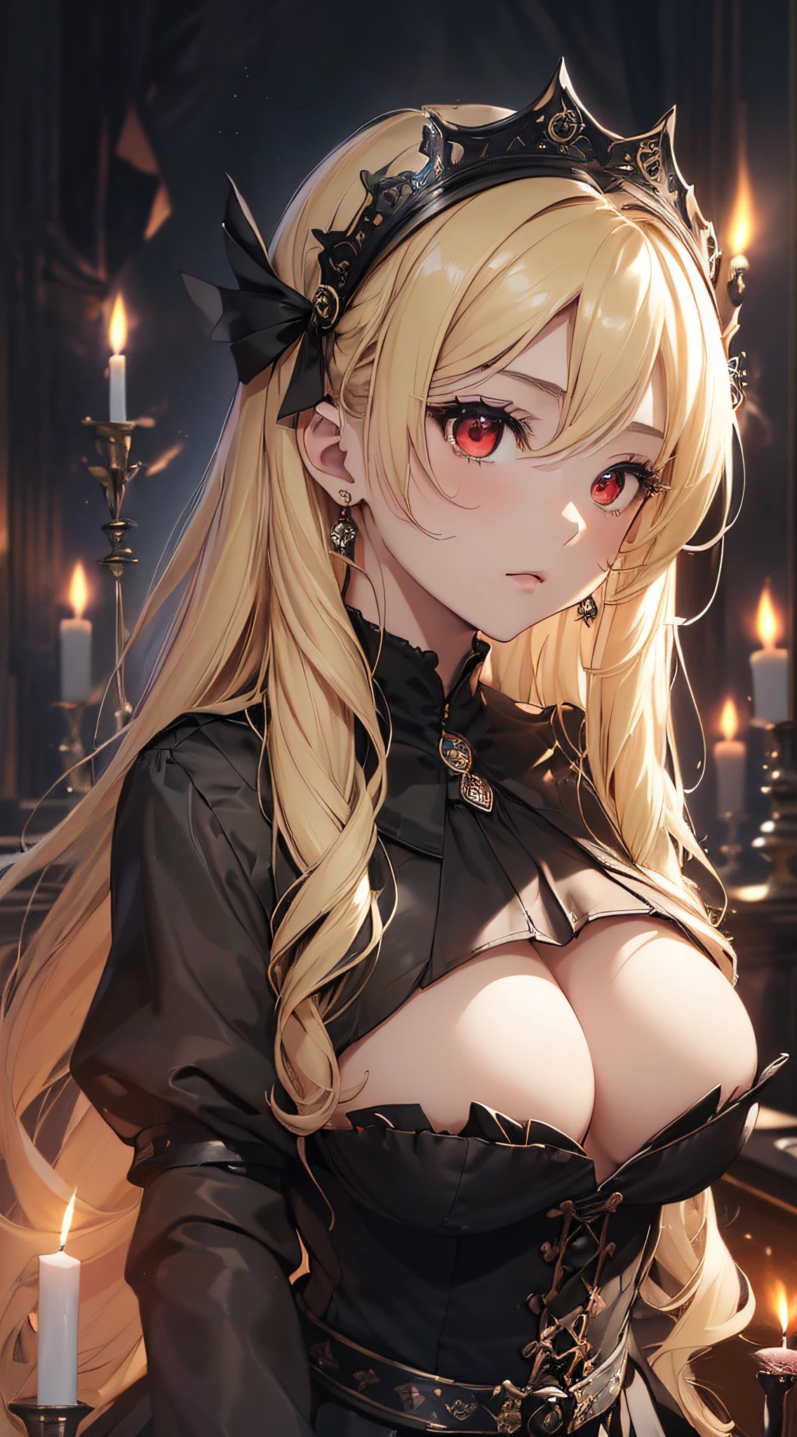 top-quality、Top image quality、​masterpiece、girl with((Beautiful fece、20yr old、Best Bust、big bast、Bust 85,Red eyes to issue、Breasts wide open,Valley、Blonde long hair、A slender、Disheveled black Y-shirt、a black skirt、Black spats、Large valleys)）hiquality、Beautiful Art、Background with((darkened room、candle)),Depth((Numerous monitors))masutepiece、Elaborate design、visualart、depth of fields、