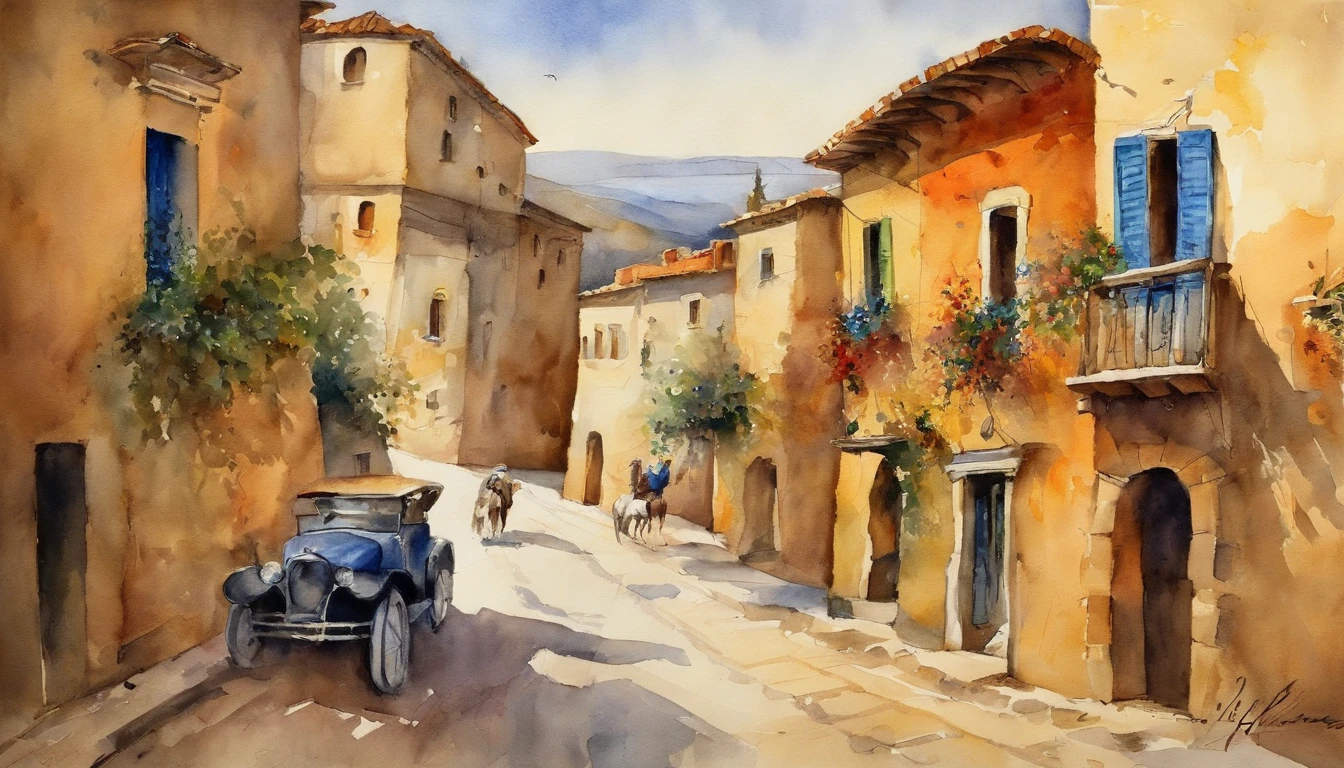 Pintura en acuarela del paisaje, Vista sobre la ciudad, 1900 (suelo mojado:1.5), vehicles, personas caminando, casas