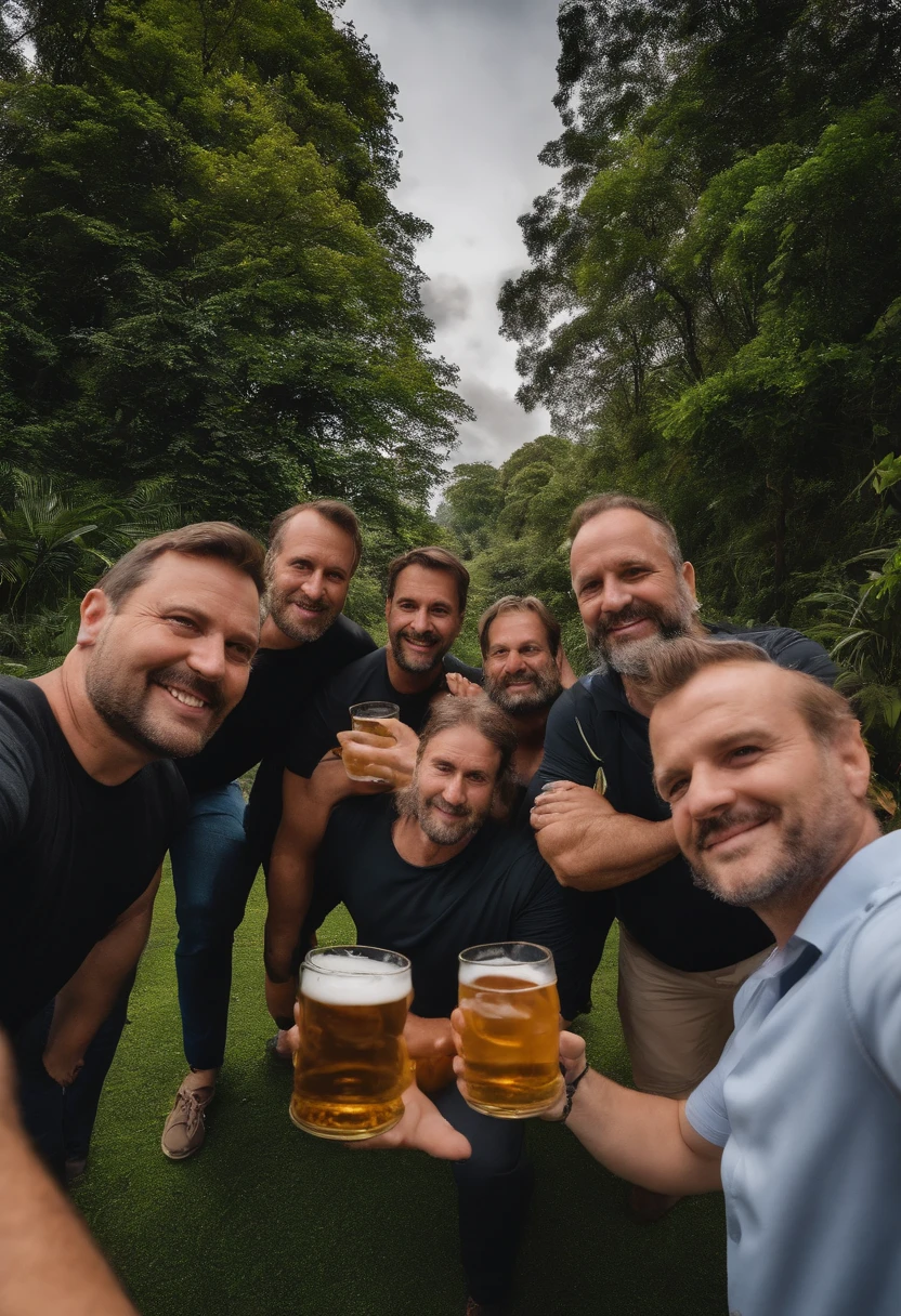 there are three men standing around a man holding a beer, 45 years old men, dad bod, (38 years old), selfie photo, last photo, pov photo, relaxing after a hard day, having a great time, São Paulo, very accurate photo, 8k selfie photograph, in sao paulo, competition winning, very coherent image, shot on gopro9