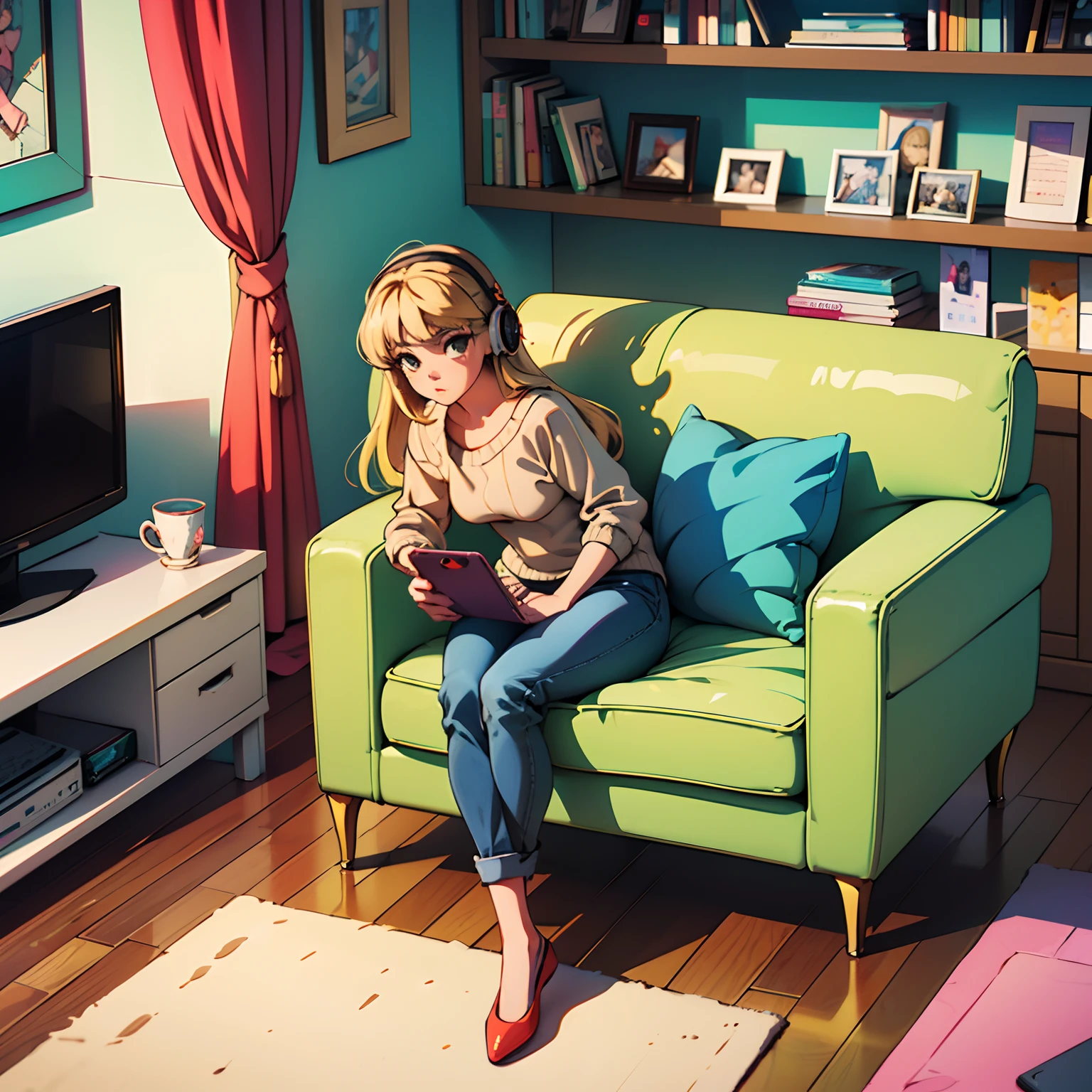 age bedroom, girl studying, with headset, sweater, jeans, long blonde hair, deep brown eyes, notbook on the table, cell phone on, tv on, your kitten on the carpet on the floor, cup of tea on the table, wide glass windows, calm street landscape, retro anime, 8k, surreal colors, --auto