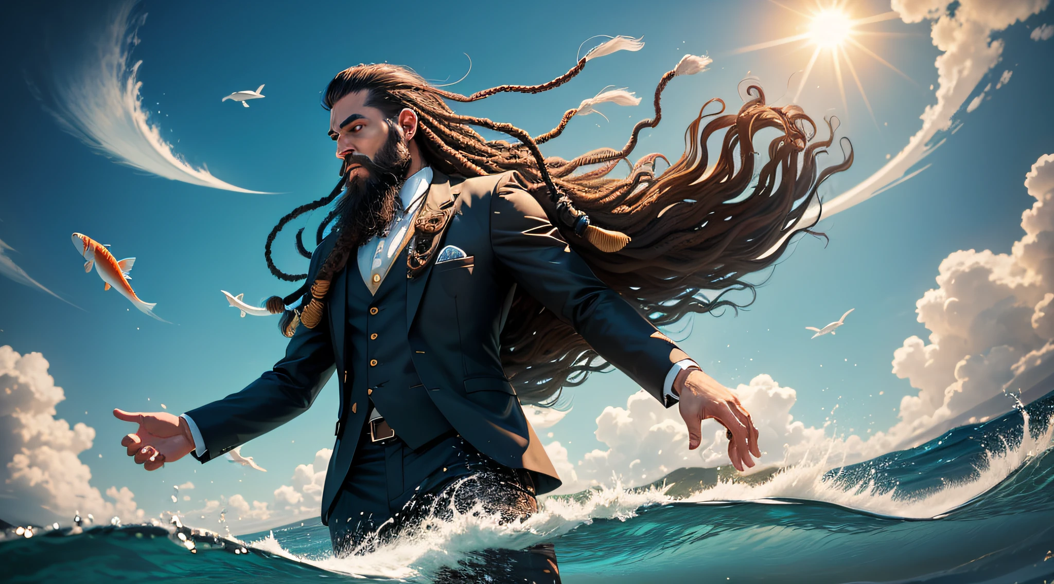 a man with long beard and dreadlock hair, wearing suit , floating in the sky , water waves , an ocean , sun , koi fishes jumping