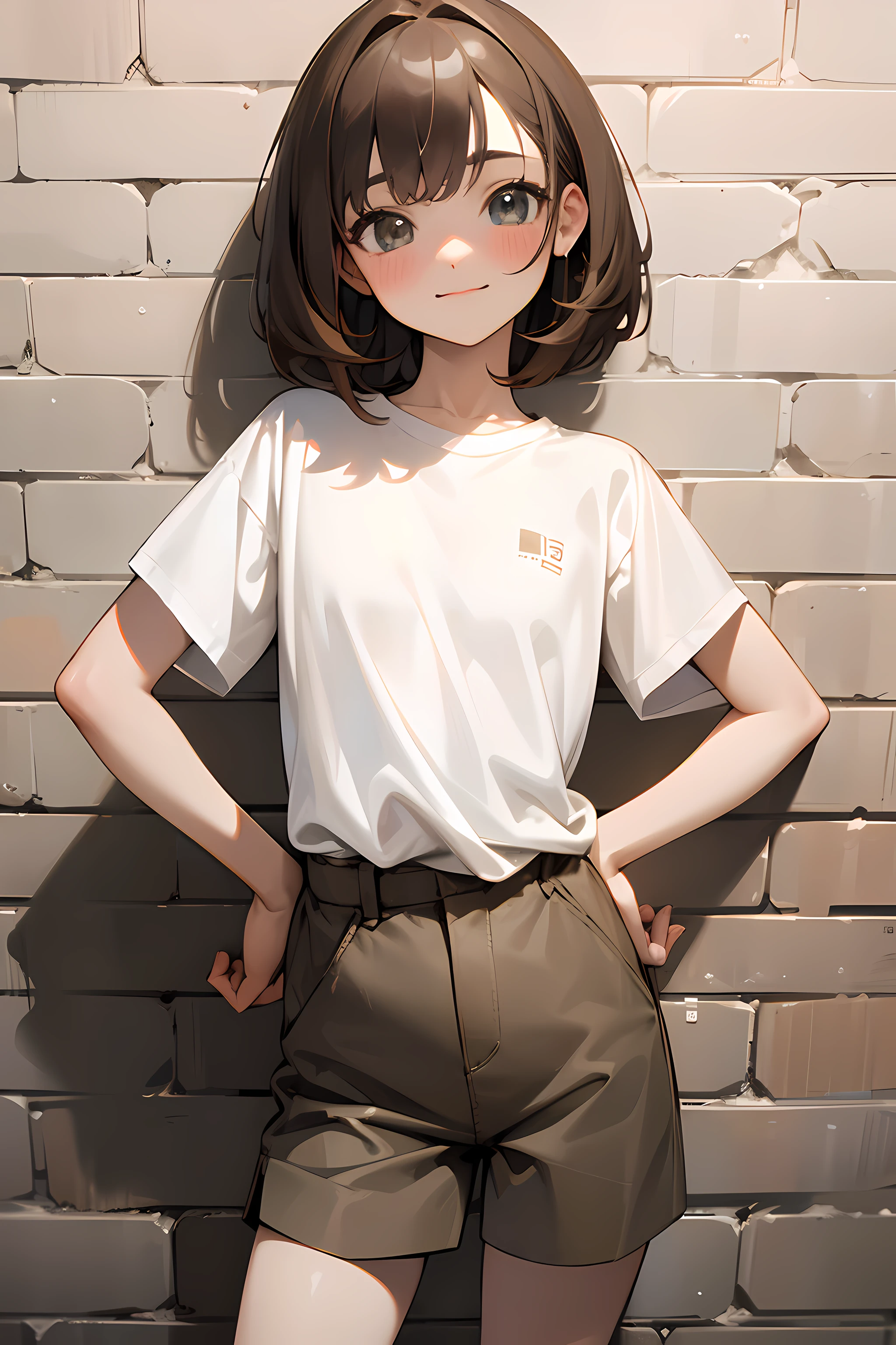 ((Masterpiece)), (Professional Photography:1.2), (High Definition:1.3), portrait shot, best quality, 8K, (from front), ((simply white T-shirt)), cute age girl, super cute face, (pale brown medium hair), silky hair, (flat chest), blush, smile, standing proudly, against the ragged Brick walls background, place both hands on hip, hide a short pant, (exposed thigh), beautiful sparkling eyes
