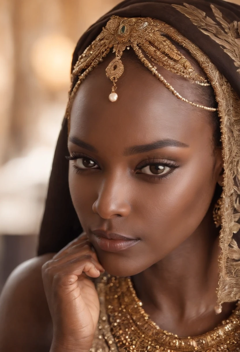 dark brown skin, beau visage, veiled , African tribal theme, Bijoux en or, ((Yeux noisette cristallins:1.2)), detailled eyes, beaux yeux, ((Masterpiece, UHD, 4k)), profondeur de champ, in a cafe, clivage, gros seins, Detailed Skin Sexy Shoulders, golden brown tan, Highly detailed skin, Cils longs, Mascara noir, visage parfait, robe longue, profil de face