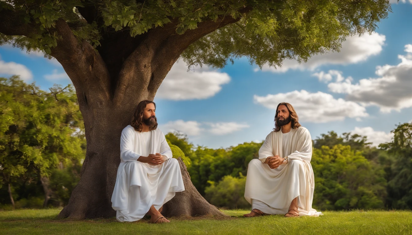 Realistic cartoon style photo of Jesus Christ sitting on the grass under a big tree, o jesus usa um manto azul, A clear blue sky with fluffy white clouds above, Serenidade e calor envolvem a cena, fotografia, DSLR Canon EOS 5D Mark IV com um f de 50mm/1.4 lentes, --AR 16:9 --V 5
