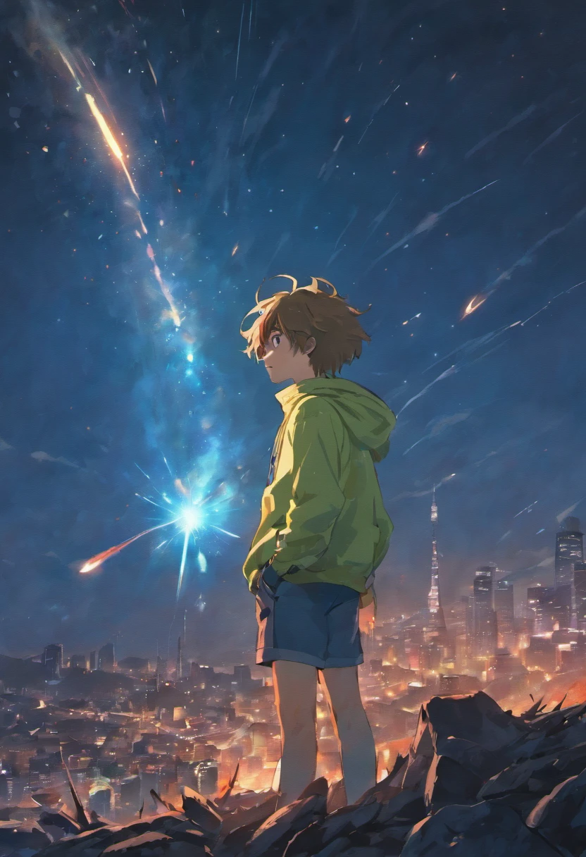 A boy looks at the falling meteor, the moonlight is starting to disintegrate, An endless sense of nothingness is presented, doomsday comings, falling meteorite, the end of everything in this world, tense atmosphere, sadness, Ending of world, a world that has been destroyed