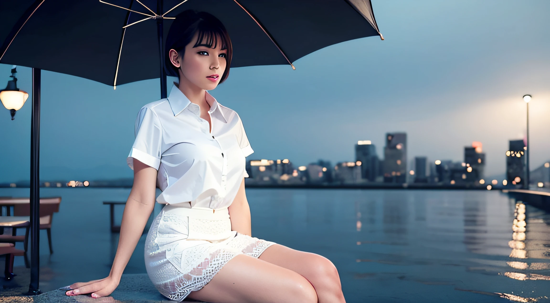 (8k, Best Quality, Masterpiece: 1.2), (Realistic, Photorealistic: 1.37), Super Detailed, 1 Girl, Cute, Alone, Beautiful Detailed Sky, Detailed Cafe, Night, Sitting, Date, ( Nose blush), (smile: 1.15), (close mouth) small breasts, beautiful details, (collared shirt: 1.1), night, wet, business wear, rain, white lace, (short hair: 1.2), floating Hair NovaFrogStyle,