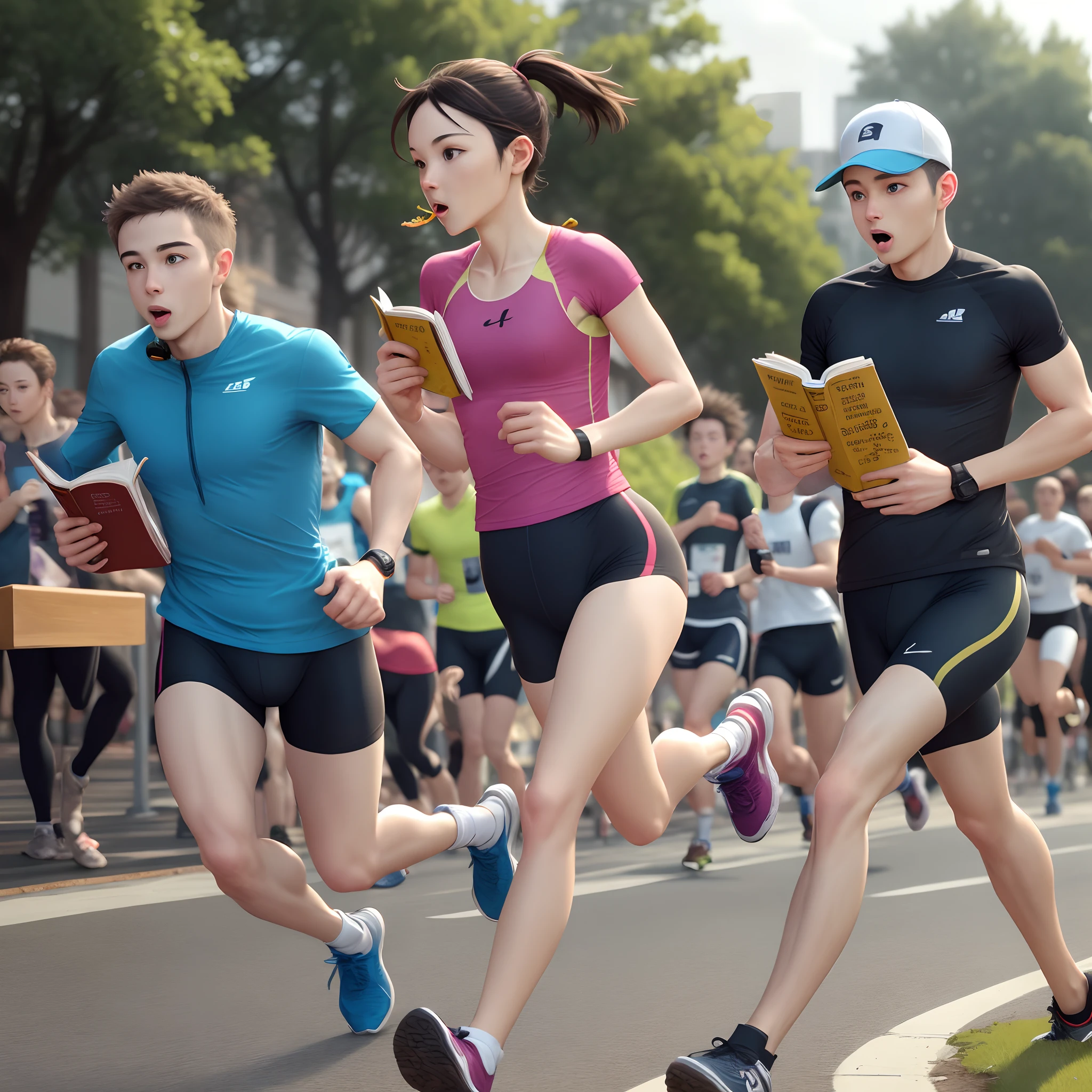 People reading a book while eating while running