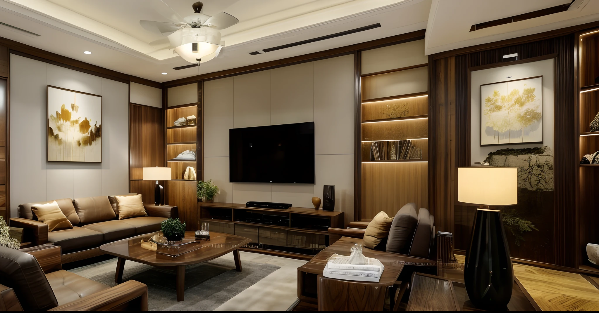 arafed living room with a couch, coffee table, and a fan, interior living room, living room interior design, placed in a large living room, asian interior decoration, interior design living room, popular interior design style, modern japanese living room, living room interior, most respected design, wooden walls with framed art, warm living room, wooden ceiling, living room