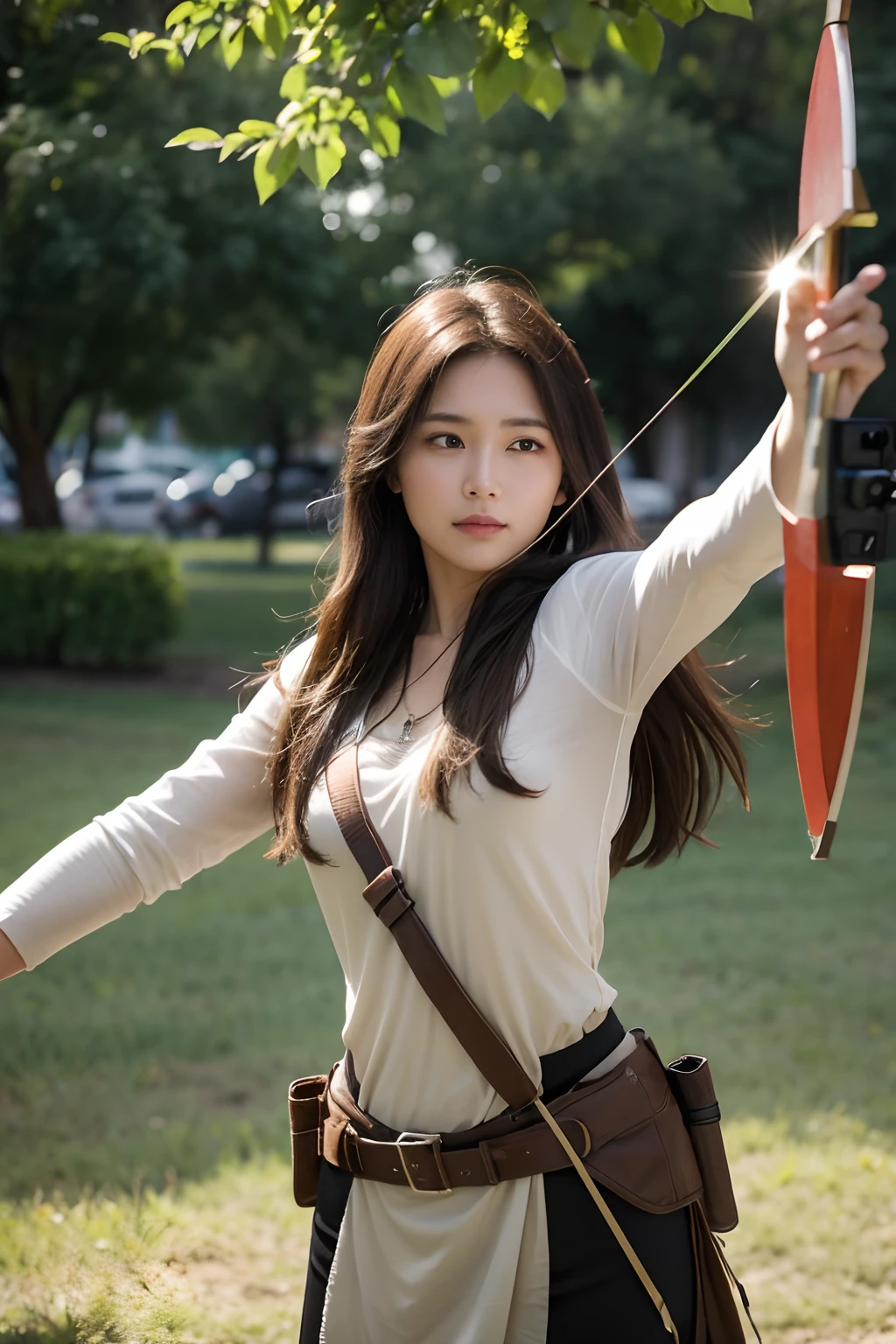 A woman is shooting an arrow