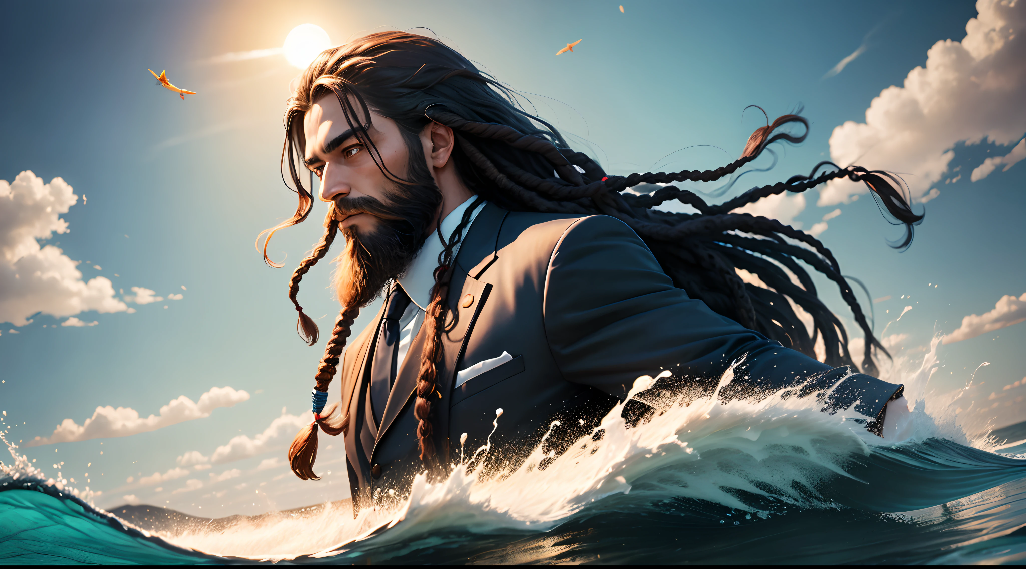 a man with long beard and dreadlock hair, wearing suit , floating in the sky , water waves , an ocean , sun , koi fishes jumping