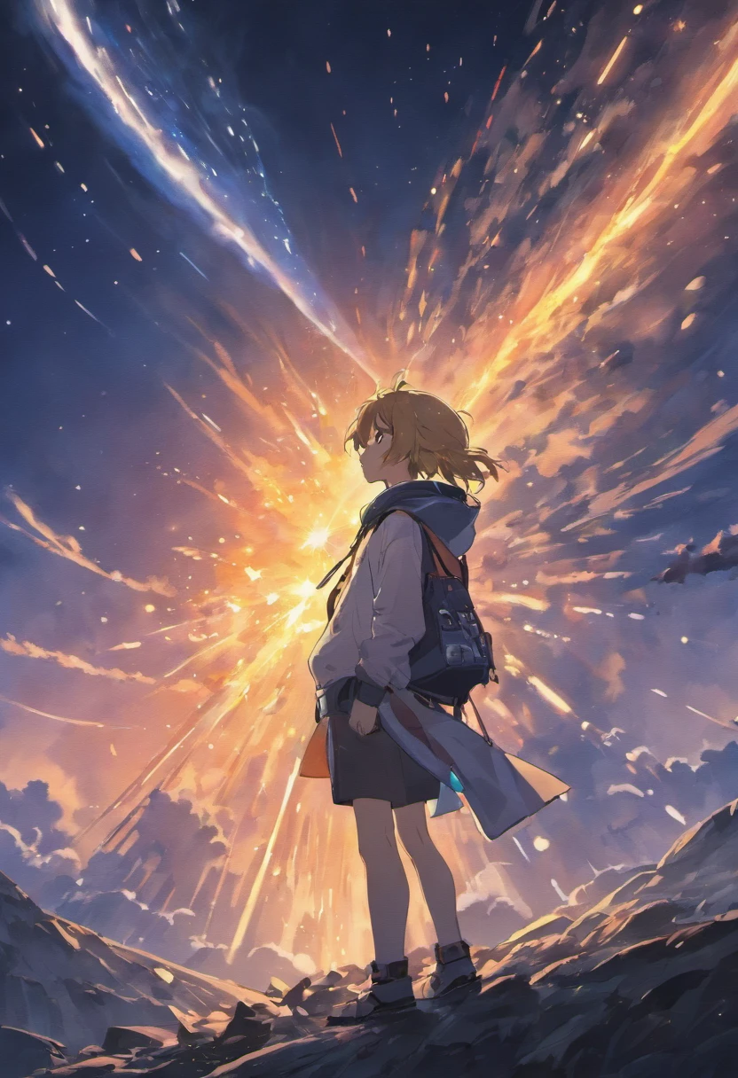 A boy looks at the falling meteor, the moonlight is starting to disintegrate, An endless sense of nothingness is presented, doomsday comings, ahousands of small to large meteors fall towards Earth, big meteor, the end of everything in this world, tense atmosphere, sadness, Ending of world, a world that has been destroyed