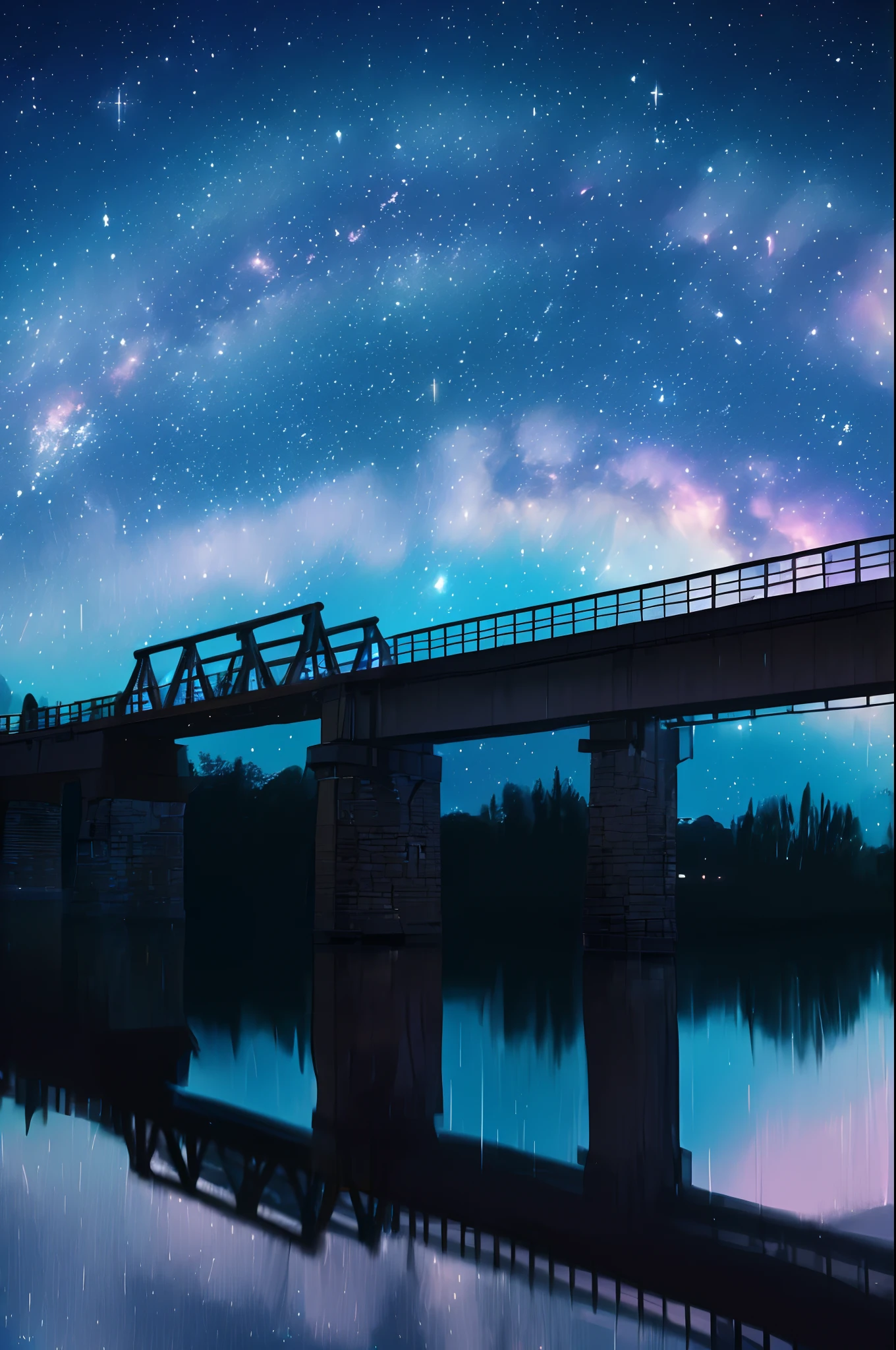 The starry night sky is over a bridge and a river，The train crosses, the milky way express, night sky photography, Starry sky, night under the starry sky, tranquility of the endless stars, night time with starry sky, Starry Sky 8 K, nighttime scene, stars reflecting on the water, the sky has the milky way, starrysky, starrysky