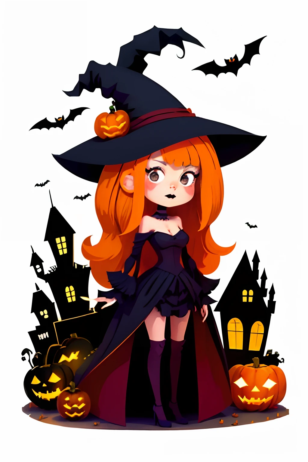 halloween scene，Flat illustration of a girl with pumpkins and ghosts on a white background, Johannes Helgesen（Johannes Helgesen）vectorial art, featured on dribble, Gothic art, behans hd, Sketch factory, Flat shading, ultra-sharpness, Ultra detailed, 8K