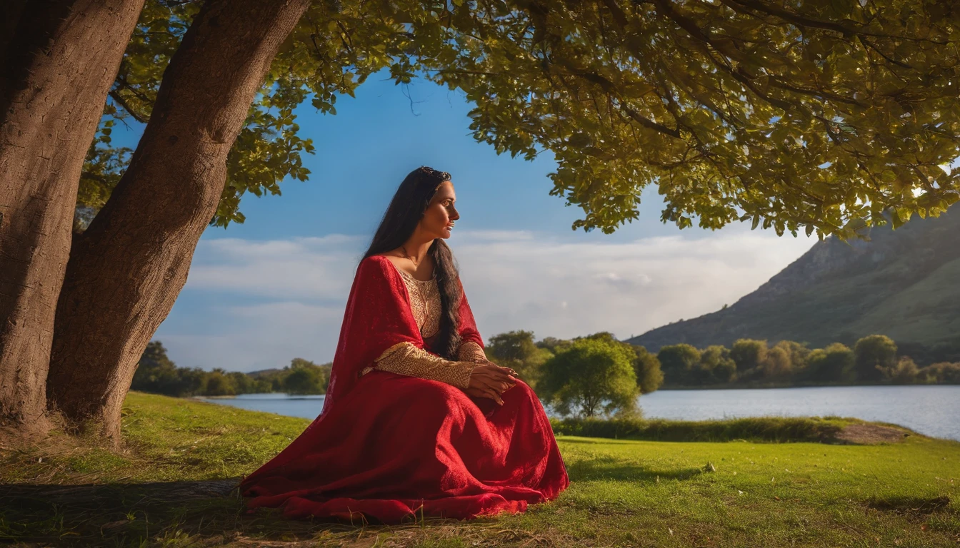 Realistic photo cartoon style Mary mother of Jesus Christ sitting on the grass under a big tree, o Maria usa um vermelho, A clear blue sky with fluffy white clouds above, Serenidade e calor envolvem a cena, fotografia, DSLR Canon EOS 5D Mark IV com um f de 50mm/1.4 lentes, --AR 16:9 --V 5