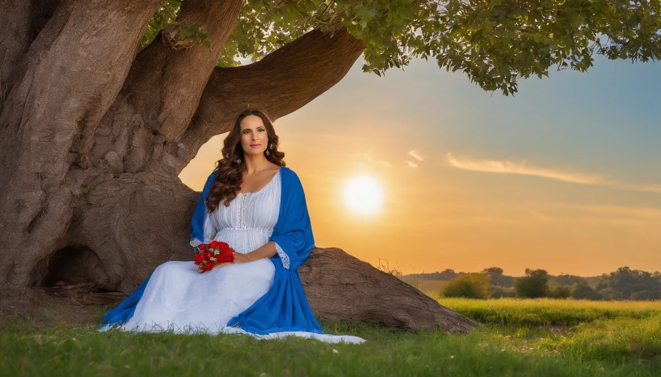 Realistic photo cartoon style Mary mother of Jesus Christ sitting on the grass under a big tree, o Maria usa um vermelho, A clear blue sky with fluffy white clouds above, Serenidade e calor envolvem a cena, fotografia, DSLR Canon EOS 5D Mark IV com um f de 50mm/1.4 lentes, --AR 16:9 --V 5