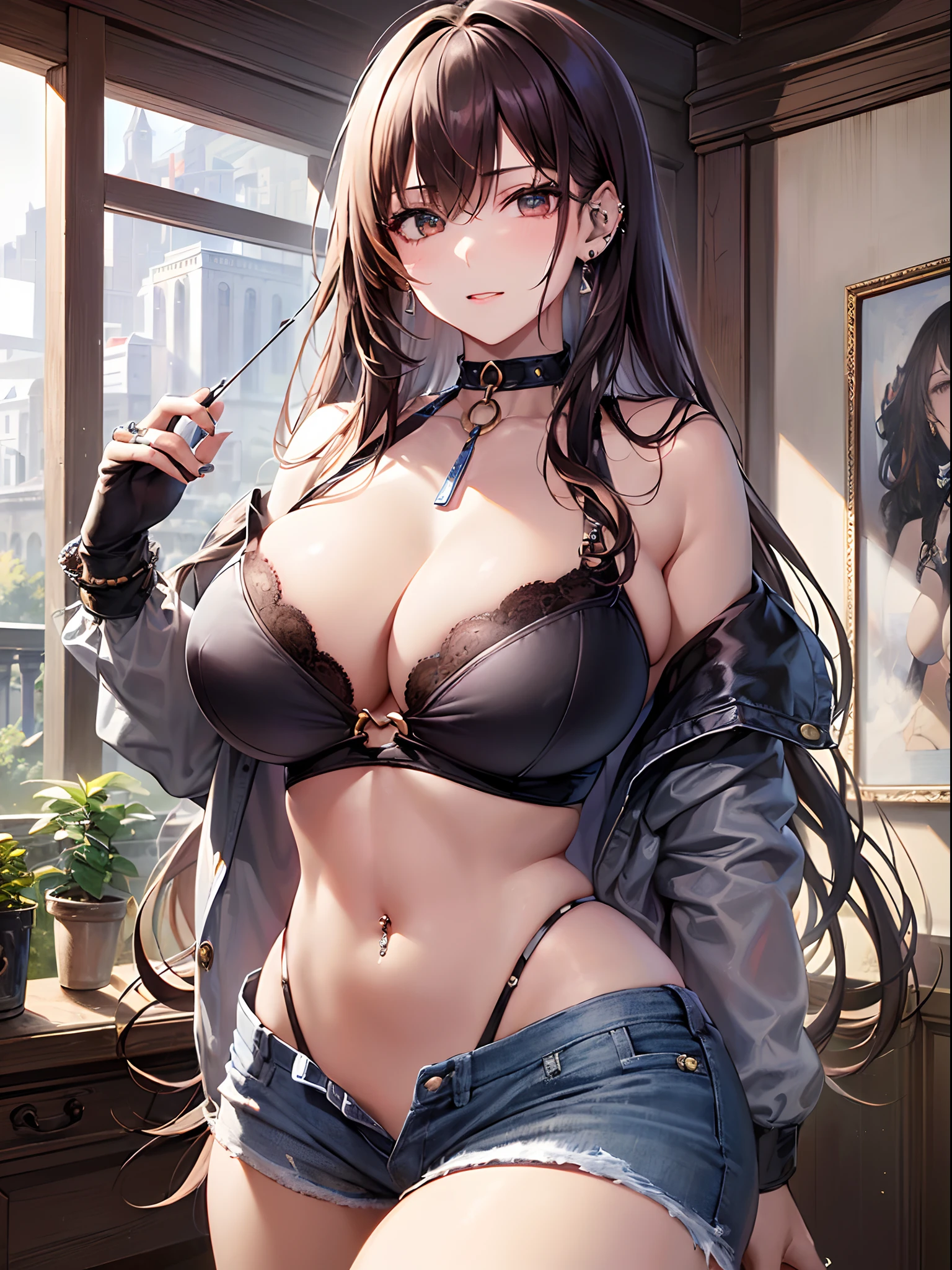 (Finest quality)),(超A high resolution),(ultra-detailliert),(Meticulous portrayal),((best pictures)),(Finest works of art),Ultra-Precision Art,The art of astounding depiction, (1人の女性:1.5),huge tit,denim,Wild Fashion,Lunette de soleil,a choker,the ring,piercings,thighs thighs thighs thighs