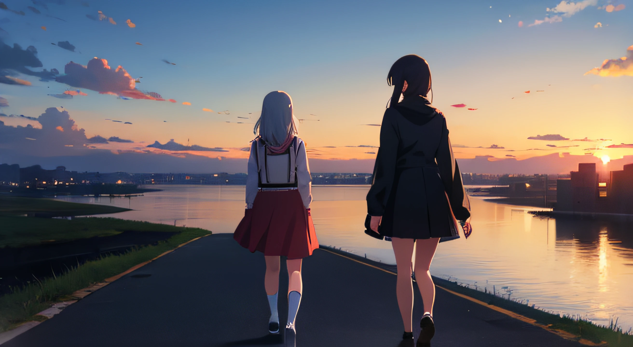 anime girls walking on a landscape seeing the sunset