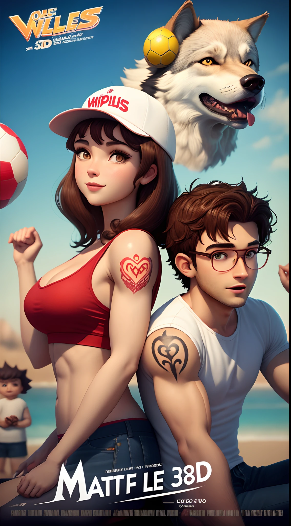 A Disney-style 3D movie poster from pixar with the text "Matt & Bia" A couple holding hands, the boy Pele brunette and with a backwards cap with round glasses, and with muscles, And a tattoo on the right shoulder tattoo It's a ball with wolf, olhos castanhos, A menina com cabelos longos, olhos castanhos, queixo fino, nariz empinado, e altura de 1,80