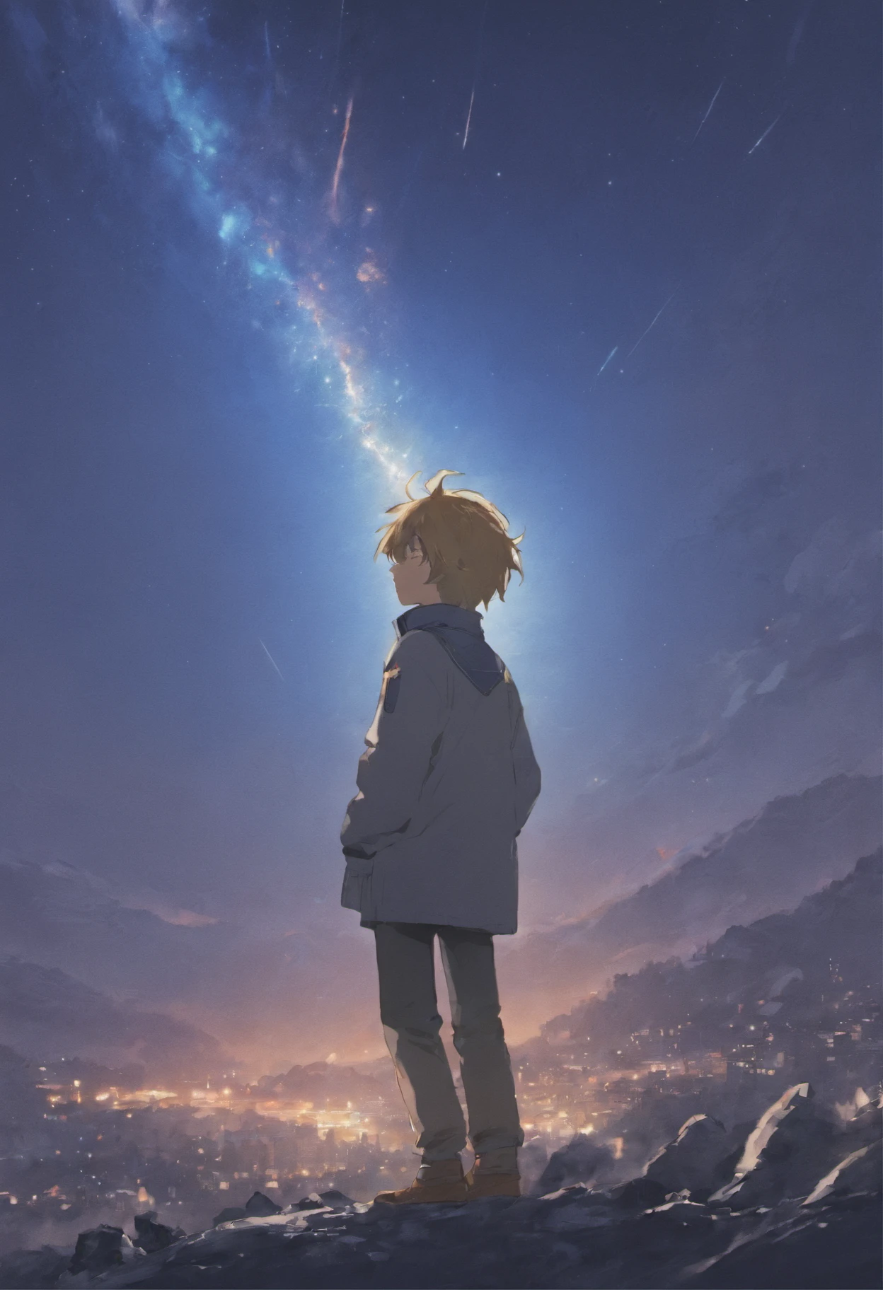 A boy looks at the falling meteor, the moonlight is starting to disintegrate, An endless sense of nothingness is presented, doomsday comings, ahousands of small to large meteors fall towards Earth, big meteor, the end of everything in this world, tense atmosphere, sadness, Ending of world, a world that has been destroyed