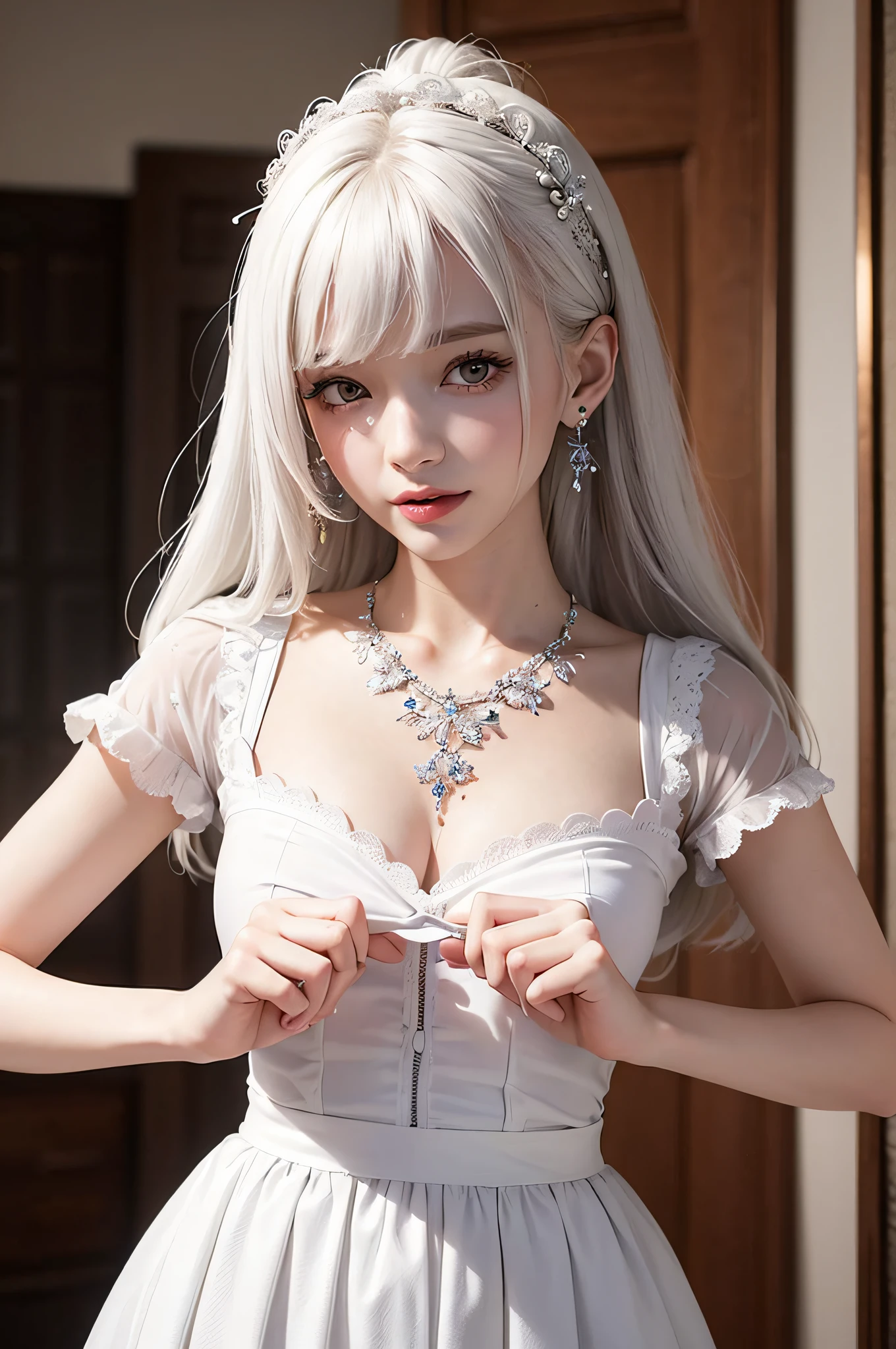 masterpiece、top-quality、ultra-detailliert、(Raw photography、top-quality)、(realisitic)、a picture、top-quality、masterpiece、extremely delicate and beautiful、ighly detailed、nffsw、Unity、2k wallpaper、detaile、masterpiece、top-quality、huge filesize、ultra-detailliert、hight resolution、ighly detailed、1girl in、Slim body、(Short sleeved shirt:1.1)、(uniformss:1.1)、(pleatedskirt:1.1)、Porcelain Skin、(white hair)、(hair adornments)、see the beholder、close up of face、straight haired、 extra detailed face, extremely detailed eye, seducting smile,