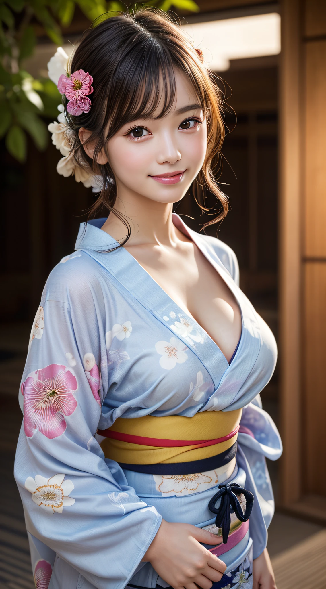 1girl, extremely cute face, Amazing face and eyes, (highly detailed eyes, highly detailed face), Fresh, very clean appearance, (hyper-realistic, hight resolution), (best Quality:1.4), Raw photo, (Realistic, Photorealsitic:1.37), Professional Photography, Cinematic Light, (floral pattern yukata:1.25), (amazing big breasts:1.1), (open yukata), (bare shoulders), (nape of the neck:1.5), Smile slightly, Staring at me, Bedroom, futon, pillow, floral patterned screens, relaxing, lantern light, candle light,