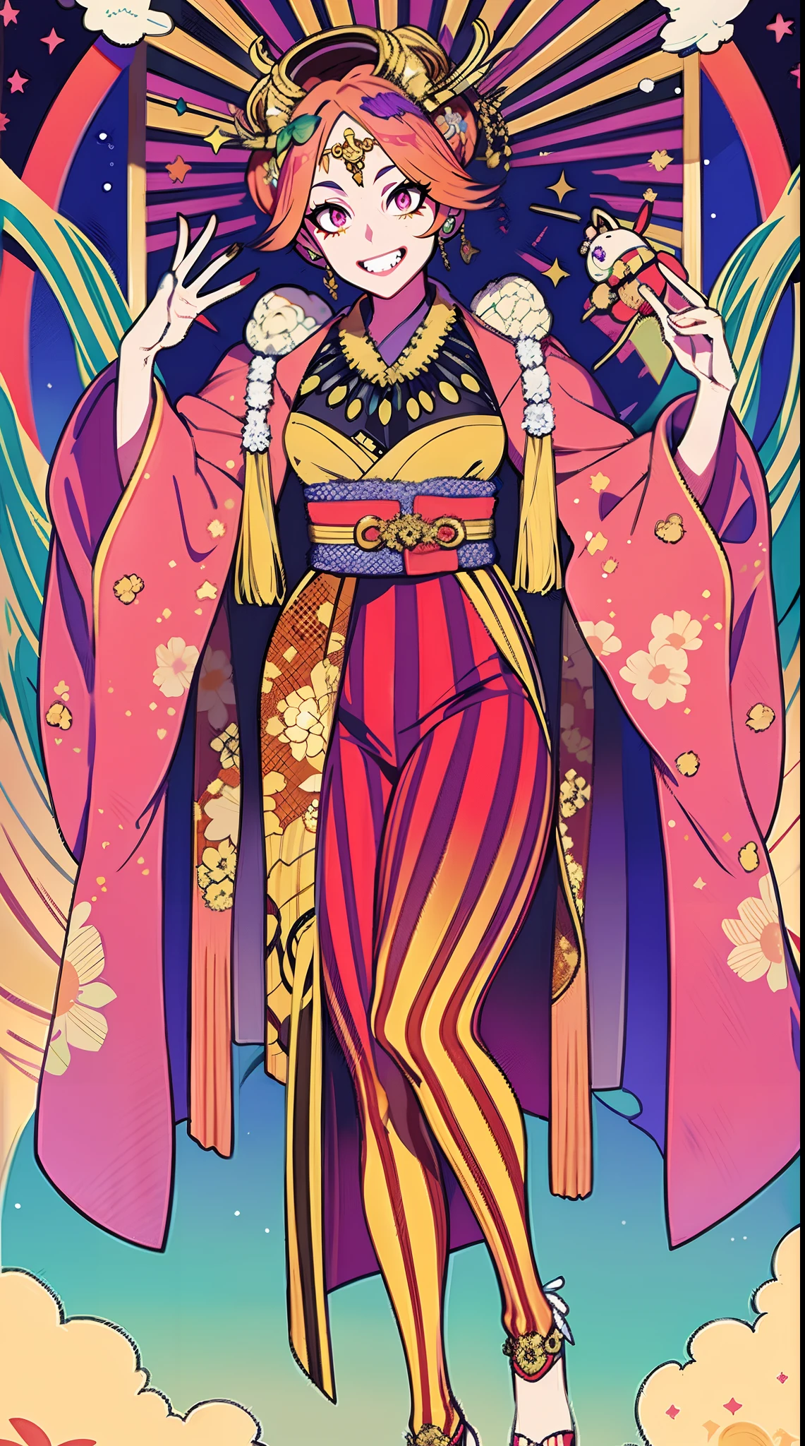Beetle Juice, Official Art, 1girl , Solo, (Prank, Fantasy Scene, Demon), (Zen Entanglement, Mandala, Tangle, Entanglement:0.6), (Demon, Semi-Real, Demon, Shiny Skin, Textured Skin), Holographic Eyes, Heterochromatic, Purple Eyes, Striped Jacket, Striped Shirt, Bicolor Hair, Striped Hair, Multicolored Hair, Red Hair, Green Hair, Wild Hair, Evil Scene, Teeth, Side Lighting, Ray Tracing, Depth of Field, Solo, Extreme Light and Shadow, Masterpiece, Post-apocalyptic rich detail, (detailed eyes), (handsome) detailed, (dirt spots), (horror theme), (beetle juice), detailed eyes, (straight to the point), (masterpiece), (best quality), (super detailed), (best illustration), (best shadow), edge lighting, beetle juice, ((beetle juice)), crazy smile, crazy expression,asu. She is depicted wearing a stunning ensemble, consisting of golden armor and an elegant pink kimono. The golden armor is intricately designed with exquisite details, adorned with delicate patterns and engravings that catch the light and create a mesmerizing effect. The pink kimono complements the golden armor and adds a touch of femininity to her powerful presence.stands tall and confident, emanating an aura of divine grace. Her flowing hair is beautifully rendered, with every strand carefully sculpted to perfection. Her eyes, delicately detailed and captivating, reflect a serene and wise gaze that captivates the viewer. Her lips, meticulously crafted, feature a gentle smile that exudes warmth and tranquility. As the centerpiece of the artwork, surrounded by a divine sun halo, symbolizing her celestial nature. The halo emits a soft, radiant glow, illuminating her with ethereal light. Her presence evokes a sense of awe and reverence, as if she possesses the power of the sun itself. The composition of the artwork is masterfully executed, with attention to every minute detail. The background features a serene garden, bathed in warm, golden hues. Blossoming cherry trees add a touch of natural, fullbody,feet,walking
