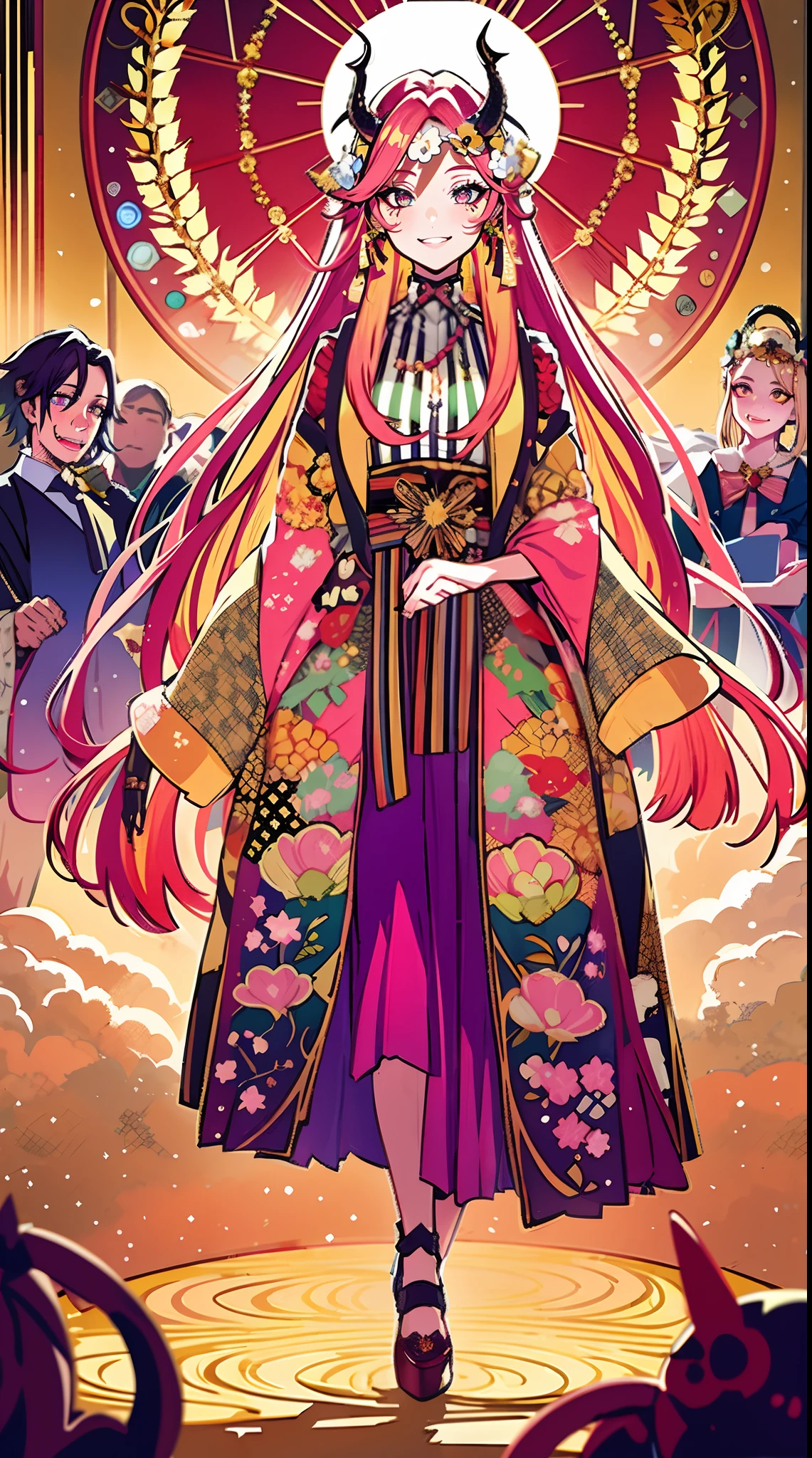Beetle Juice, Official Art, 1girl , Solo, (Prank, Fantasy Scene, Demon), (Zen Entanglement, Mandala, Tangle, Entanglement:0.6), (Demon, Semi-Real, Demon, Shiny Skin, Textured Skin), Holographic Eyes, Heterochromatic, Purple Eyes, Striped Jacket, Striped Shirt, Bicolor Hair, Striped Hair, Multicolored Hair, Red Hair, Green Hair, Wild Hair, Evil Scene, Teeth, Side Lighting, Ray Tracing, Depth of Field, Solo, Extreme Light and Shadow, Masterpiece, Post-apocalyptic rich detail, (detailed eyes), (handsome) detailed, (dirt spots), (horror theme), (beetle juice), detailed eyes, (straight to the point), (masterpiece), (best quality), (super detailed), (best illustration), (best shadow), edge lighting, beetle juice, ((beetle juice)), crazy smile, crazy expression,asu. She is depicted wearing a stunning ensemble, consisting of golden armor and an elegant pink kimono. The golden armor is intricately designed with exquisite details, adorned with delicate patterns and engravings that catch the light and create a mesmerizing effect. The pink kimono complements the golden armor and adds a touch of femininity to her powerful presence.stands tall and confident, emanating an aura of divine grace. Her flowing hair is beautifully rendered, with every strand carefully sculpted to perfection. Her eyes, delicately detailed and captivating, reflect a serene and wise gaze that captivates the viewer. Her lips, meticulously crafted, feature a gentle smile that exudes warmth and tranquility. As the centerpiece of the artwork, surrounded by a divine sun halo, symbolizing her celestial nature. The halo emits a soft, radiant glow, illuminating her with ethereal light. Her presence evokes a sense of awe and reverence, as if she possesses the power of the sun itself. The composition of the artwork is masterfully executed, with attention to every minute detail. The background features a serene garden, bathed in warm, golden hues. Blossoming cherry trees add a touch of natural, fullbody,feet,walking