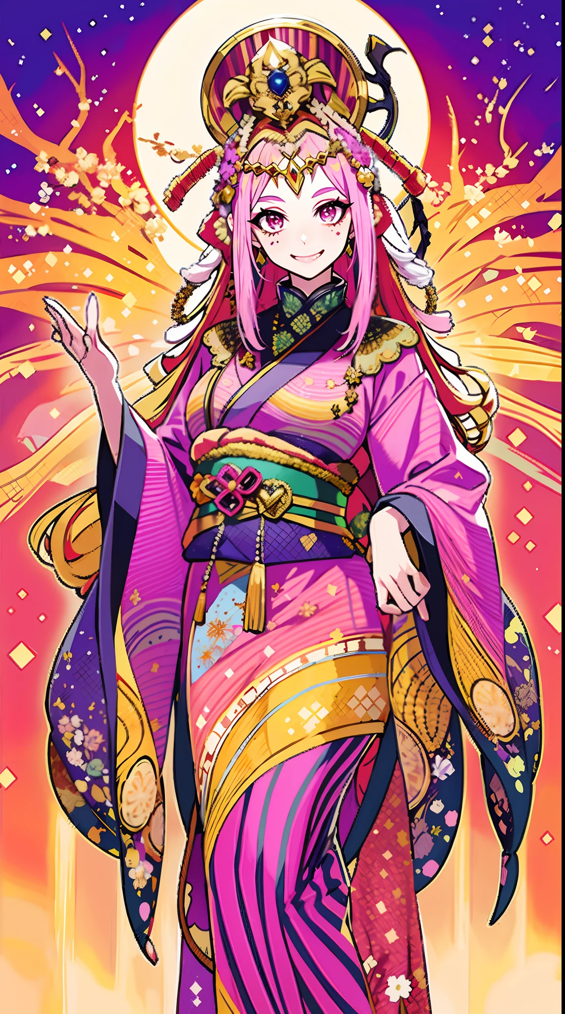 Beetle Juice, Official Art, 1girl , Solo, (Prank, Fantasy Scene, Demon), (Zen Entanglement, Mandala, Tangle, Entanglement:0.6), (Demon, Semi-Real, Demon, Shiny Skin, Textured Skin), Holographic Eyes, Heterochromatic, Purple Eyes, Striped Jacket, Striped Shirt, Bicolor Hair, Striped Hair, Multicolored Hair, Red Hair, Green Hair, Wild Hair, Evil Scene, Teeth, Side Lighting, Ray Tracing, Depth of Field, Solo, Extreme Light and Shadow, Masterpiece, Post-apocalyptic rich detail, (detailed eyes), (handsome) detailed, (dirt spots), (horror theme), (beetle juice), detailed eyes, (straight to the point), (masterpiece), (best quality), (super detailed), (best illustration), (best shadow), edge lighting, beetle juice, ((beetle juice)), crazy smile, crazy expression,asu. She is depicted wearing a stunning ensemble, consisting of golden armor and an elegant pink kimono. The golden armor is intricately designed with exquisite details, adorned with delicate patterns and engravings that catch the light and create a mesmerizing effect. The pink kimono complements the golden armor and adds a touch of femininity to her powerful presence.stands tall and confident, emanating an aura of divine grace. Her flowing hair is beautifully rendered, with every strand carefully sculpted to perfection. Her eyes, delicately detailed and captivating, reflect a serene and wise gaze that captivates the viewer. Her lips, meticulously crafted, feature a gentle smile that exudes warmth and tranquility. As the centerpiece of the artwork, surrounded by a divine sun halo, symbolizing her celestial nature. The halo emits a soft, radiant glow, illuminating her with ethereal light. Her presence evokes a sense of awe and reverence, as if she possesses the power of the sun itself. The composition of the artwork is masterfully executed, with attention to every minute detail. The background features a serene garden, bathed in warm, golden hues. Blossoming cherry trees add a touch of natural, fullbody,feet,walking