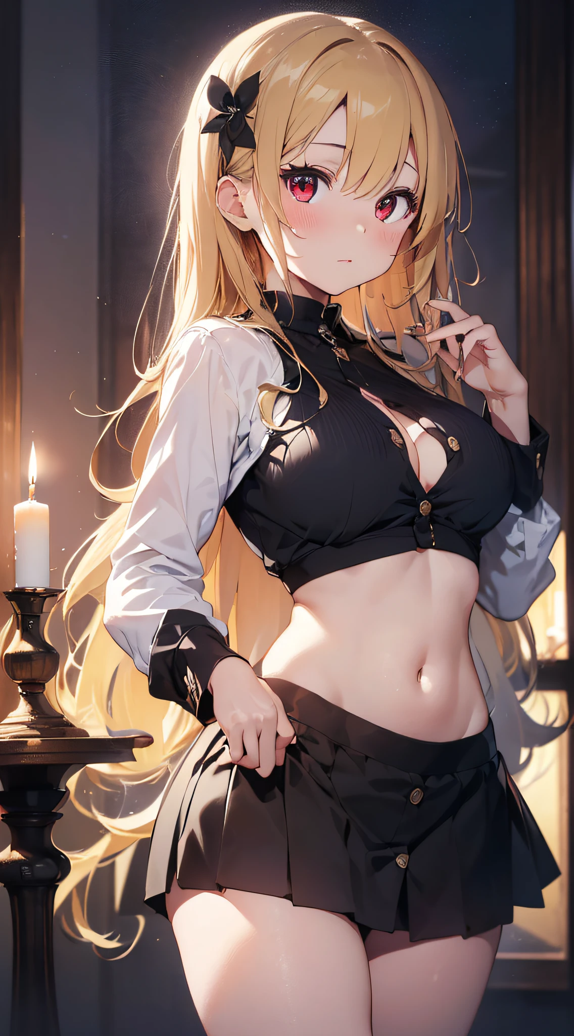 top-quality、Top image quality、​masterpiece、girl with((Beautiful fece、20yr old、Best Bust、big bast、Bust 85,Red eyes to issue、Breasts wide open,Valley、Blonde long hair、A slender、Black Y-shirt with the second button open、Black Belly Short Skirt、Large valleys)）hiquality、Beautiful Art、Background with((darkened room、candle)),Depth((Numerous monitors))masutepiece、visualart、depth of fields、
