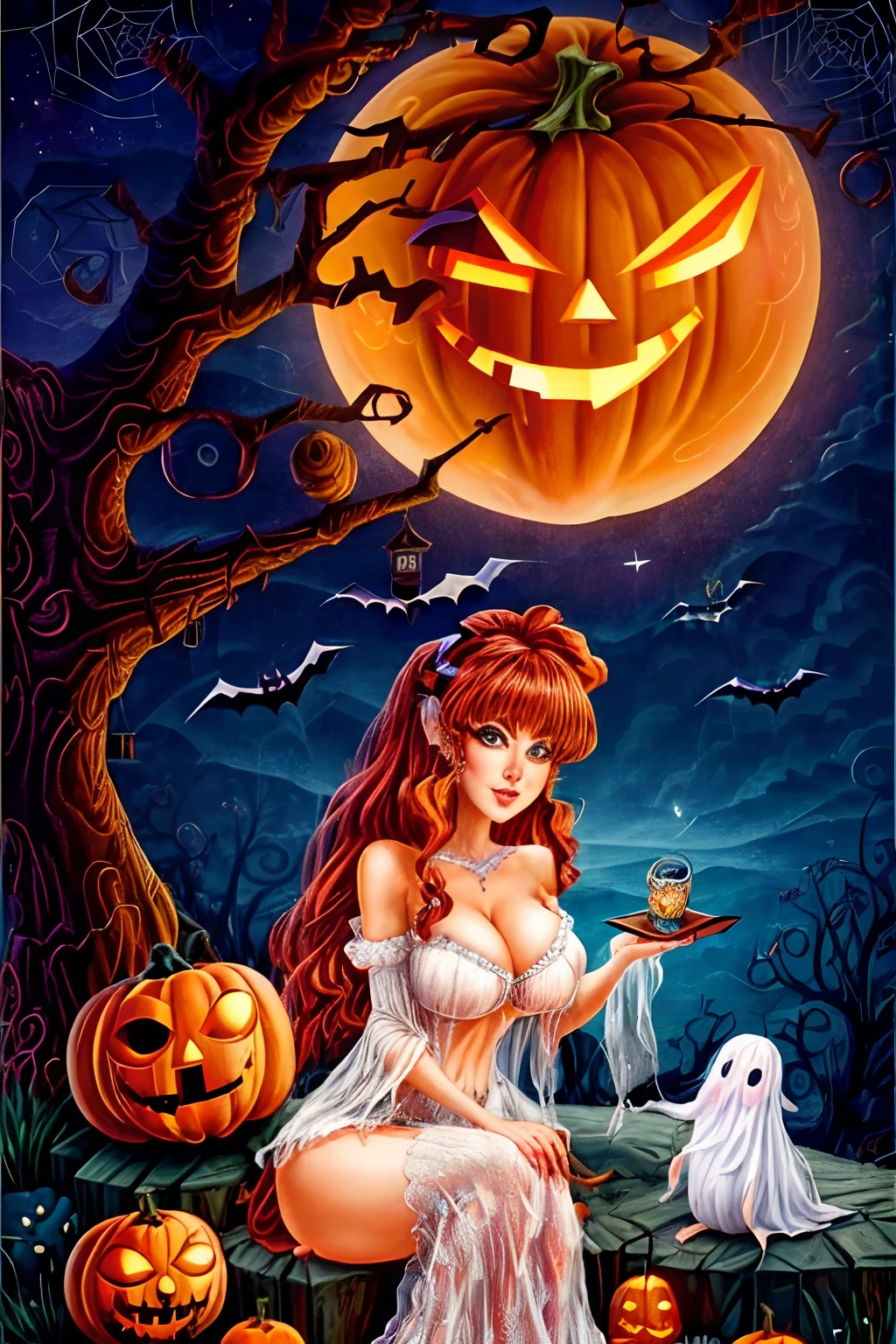 (tmasterpiece,top Quority,best qualtiy,offcial art,Beauty and aesthetics:1.2),halloween scene,(one-girl、pumpkins、ghost:1.3),(Halloween robes:1.2),halloween scene,The is very detailed,(s fractal art:1.2),Extremely colorful,Most detailed,(zentangle:1.2),(dynamicposes) ,(abstract backgrounds:1.5),(many color:1.4),tmasterpiece,best qualtiy,high qulity,A high resolution,16k,primitive,超A high resolution,Hyper-detailing,finely detailled,Very fine and beautiful,The is very detailed,True shadows,anime big breast,Highly detailed painting,Award-winning glamour paintings,Wonderful painting,art-style,Stylized,