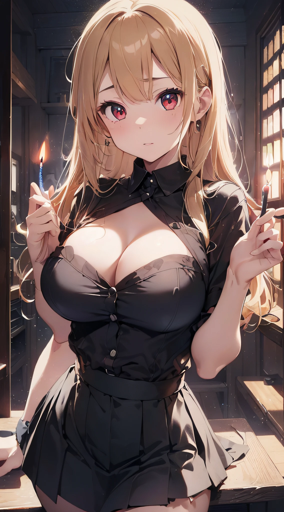 top-quality、Top image quality、masterpiece、girl with((Beautiful fece、20yr old、Best Bust、big bast、Bust 85,Red eyes to issue、Breasts wide open,Valley、Blonde long hair、A slender、Black Y-shirt with the second button open、Black Belly Short Skirt、Large valleys))hiquality、Beautiful Art、Background with((darkened room、candle)),Depth((Numerous monitors))masutepiece、visualart、depth of fields、