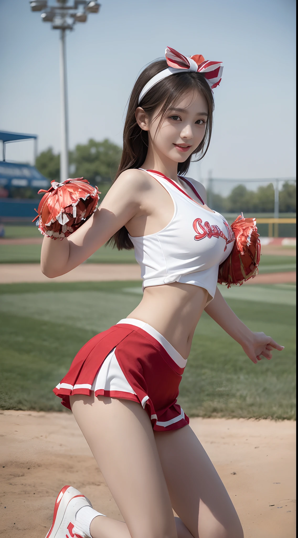 (Photorealcitic:1.4), (The highest image quality:1.0), (超High Resolution A:1.0), 8K, Raw-Photo, (masterpiece:0.2), (pureerosface_v1:0.5)、(Best Quality Detail:1.2)、realisitic、8K UHD、Hight Resolution、(1girll:1.2)、The ultra-detailliert、High quality textures、delicate detail、The Details、super detailed CG、High quality shadow、Detail : beautiful delicate face、Detail : beautiful delicate eyes、depth of fields、Ray traching,1girll, beautiful skin, face the front, skyporn, magic hour, (realisitic:1.3), finelydetail, (Photorealistic:1.1), (Best Quality), (intriciate detail), (extra huge breasts,Very big breasts:1.4), (bright hair), (Very small face) (Very short and light hair) (Beautiful smile), sexy legs, slim waist, parted lips, An amusement park with a view of the blue sky, Looks happy on the baseball field, Cheerleader Outfit, s, Wearing sneakers, Dressed in a cheerleader costume, (Ergonomic), (cheerleader:1.4), red,