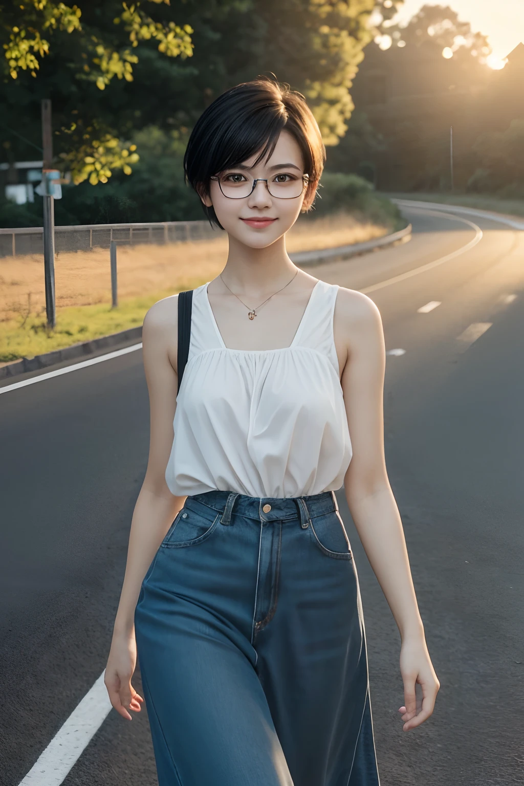 mdjrny-v4 style full length of photo of a ultra realistic beautiful cute girl, oval face, use glasses, short black hair, extremely detail, smile and funny, walk on the road, , natural light, pale sunrise, cinematic lighting, low angle, 4k, hyper realistic, focused, extreme details