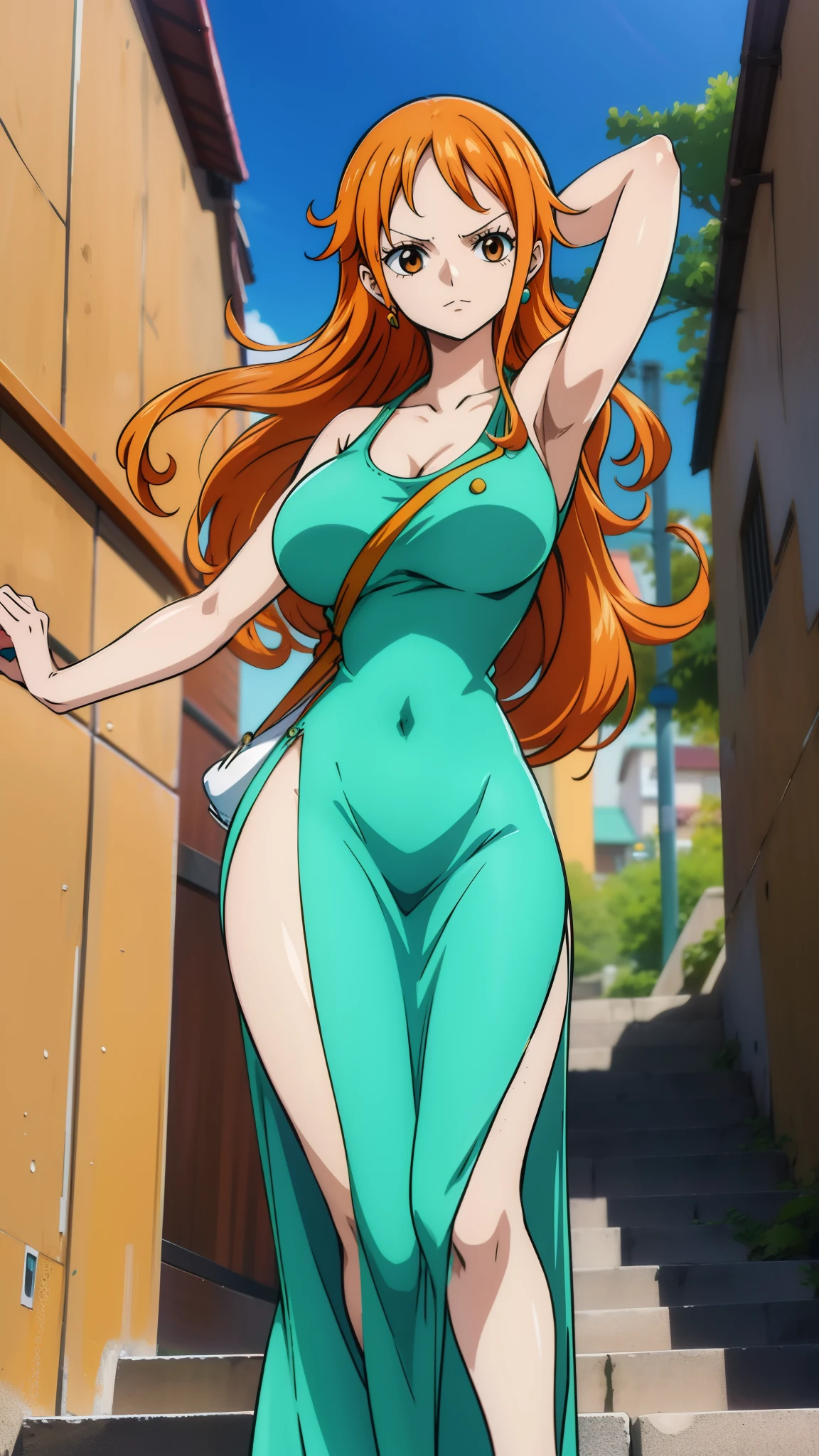 Generate a realistic anime-style image of Nami from One Piece. (mature girl), sexy pose, Capture her distinctive look with orange hair, Long Throw, full body, athletic curvy, dress sexy, city