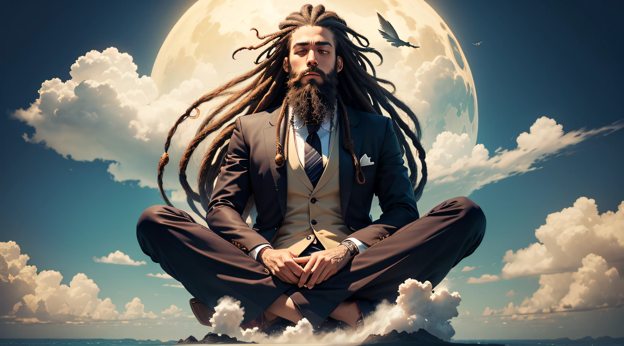 a man with long beard and dreadlock hair, wearing suit , floating in the sky and meditating
