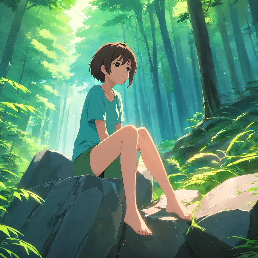 Masterpiece, Best quality, cinematic Film still from, Beautiful shot of the forest, Nature,A girl sits on a stone,The stone is in mid-air