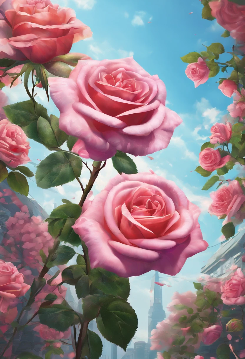(realistic:1.37),vibrant colors,rose blossoming on the street,branches emerging from corners, dramatic lighting,first-person perspective,4K resolution,highly detailed