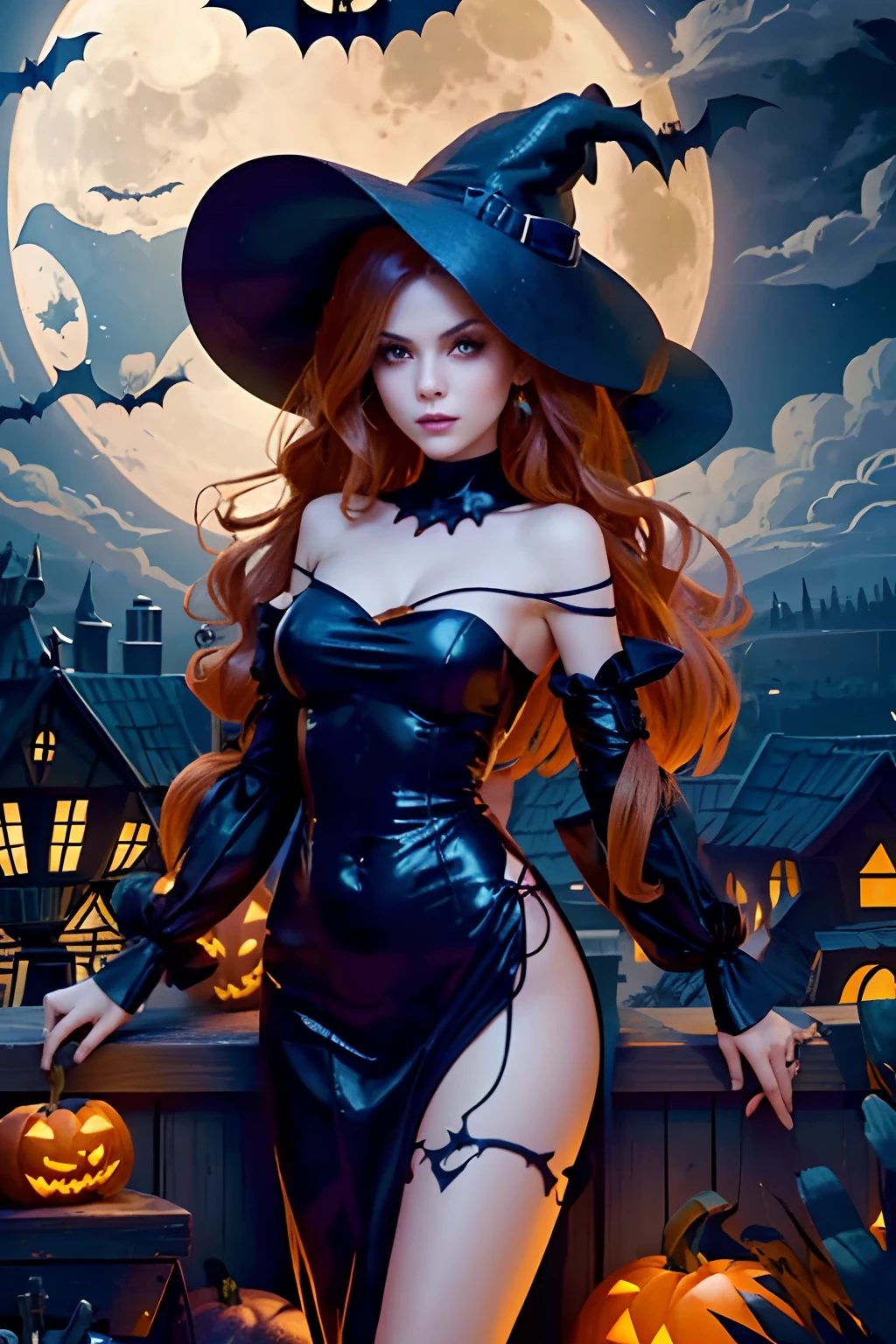 Masterpiece, Best quality, 1 girl, Brunette hair, Halloween_garments，Long hair, cowboy lens, Dynamic pose, dynamic angle，Jack-o'-lantern, the bats，Halloween floating lights,  Glowing lights, cinematic light and reflections, digitial painting, Halloween Jack Lantern, calm evening, Digital illustration, Beautiful atmosphere, Skylight at night, Peaceful evening atmosphere, Halloween, the night, Moon, game scenes, Halloween, Surrounded by clouds, Architecture of medieval Europe, glazed tiles, European Union, Gorgeous colors, high qulity, Beautiful graphics, high detal,Magnificent