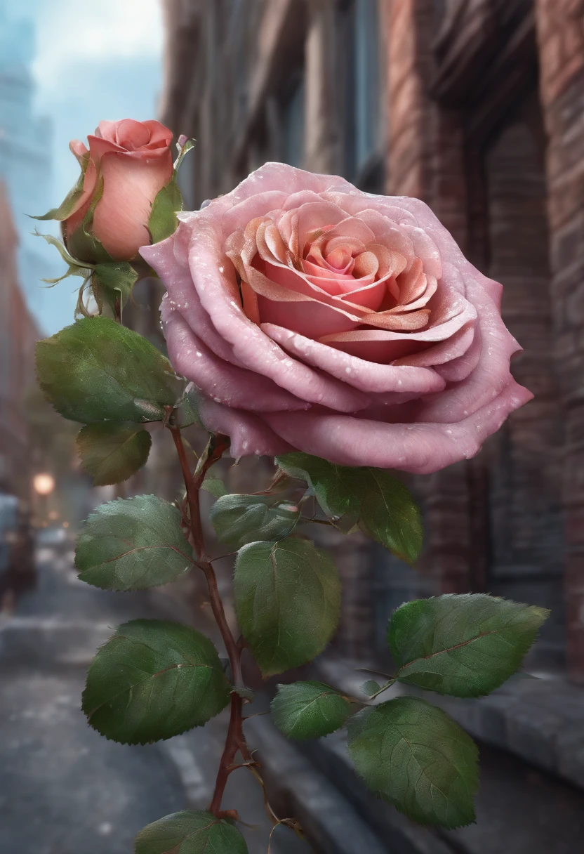 colorful rose, Growing up on the streets, Branches grow from the corners, Verism, Chiaroscuro, first person perspective, 4K, High details