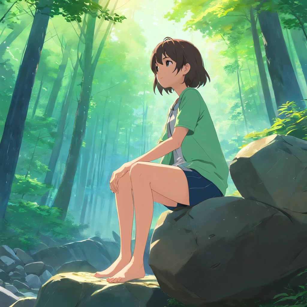 Masterpiece, Best quality, cinematic Film still from, Beautiful forest shots, Nature,A girl sits on a stone,Stones hang in mid-air