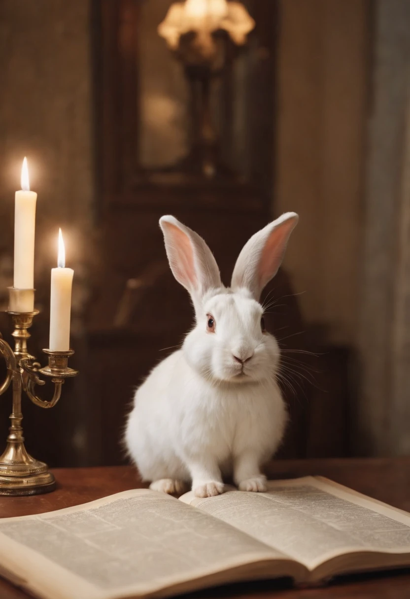 Alice in Wonderland and the rabbit in a tailcoat、He sits on top of the type of a huge double-page spread and solves mysteries、A rabbit uses a large magnifying glass to look at the print of a human book、
