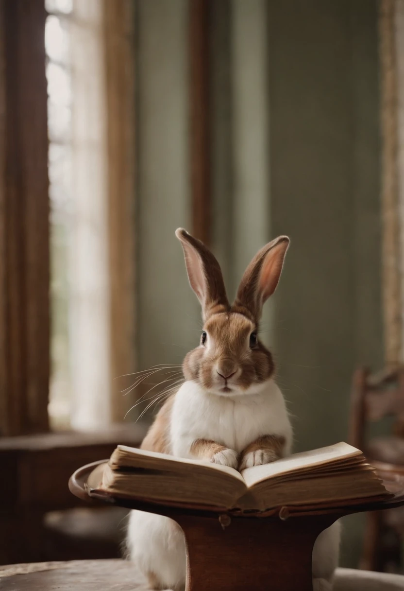 Alice in Wonderland and the rabbit in a tailcoat、He sits on top of the type of a huge double-page spread and solves mysteries、A rabbit uses a large magnifying glass to look at the print of a human book、