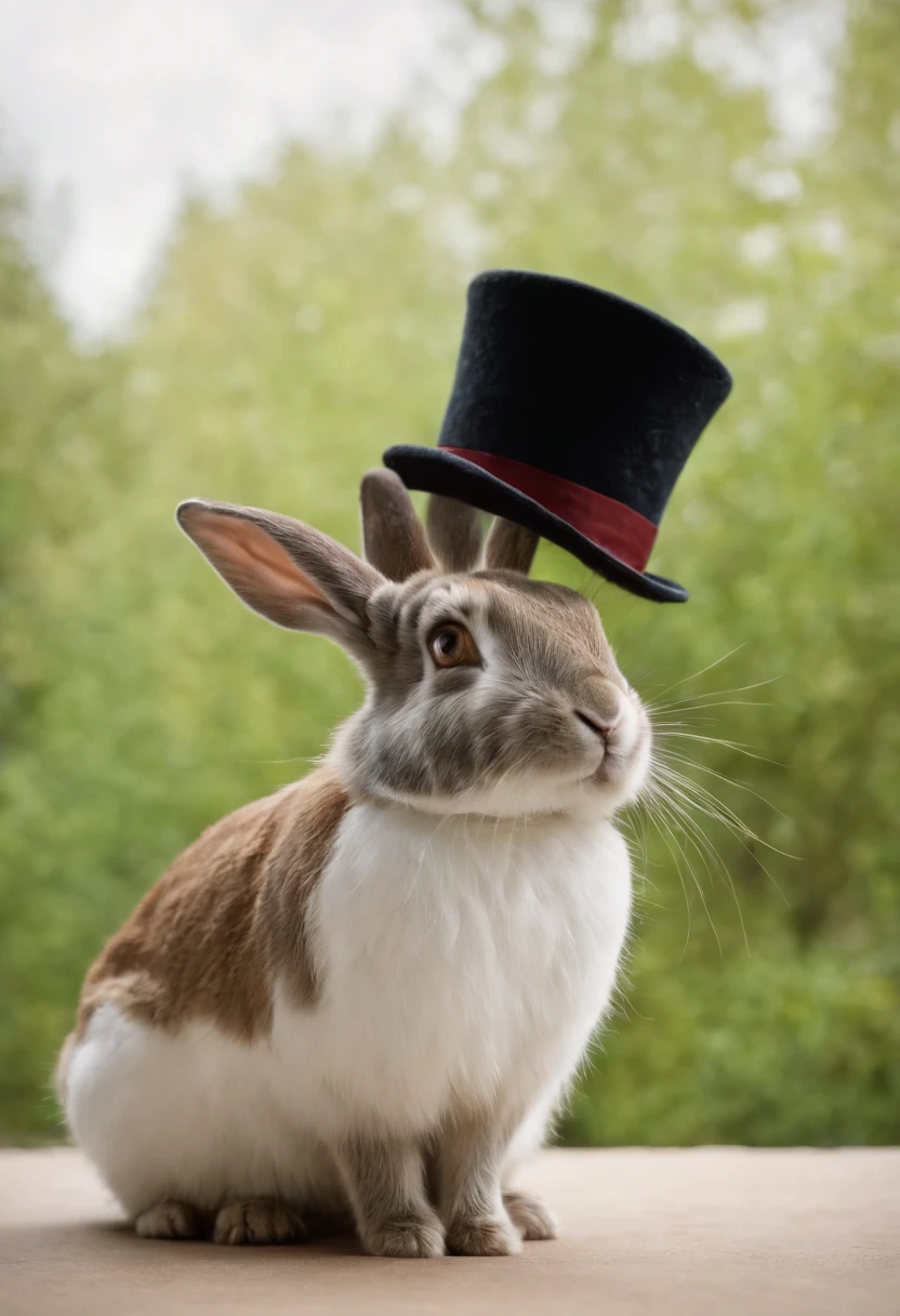 Alice in Wonderland and the rabbit in a tailcoat、He sits on top of the type of a huge double-page spread and solves mysteries、A rabbit uses a large magnifying glass to look at the print of a human book、